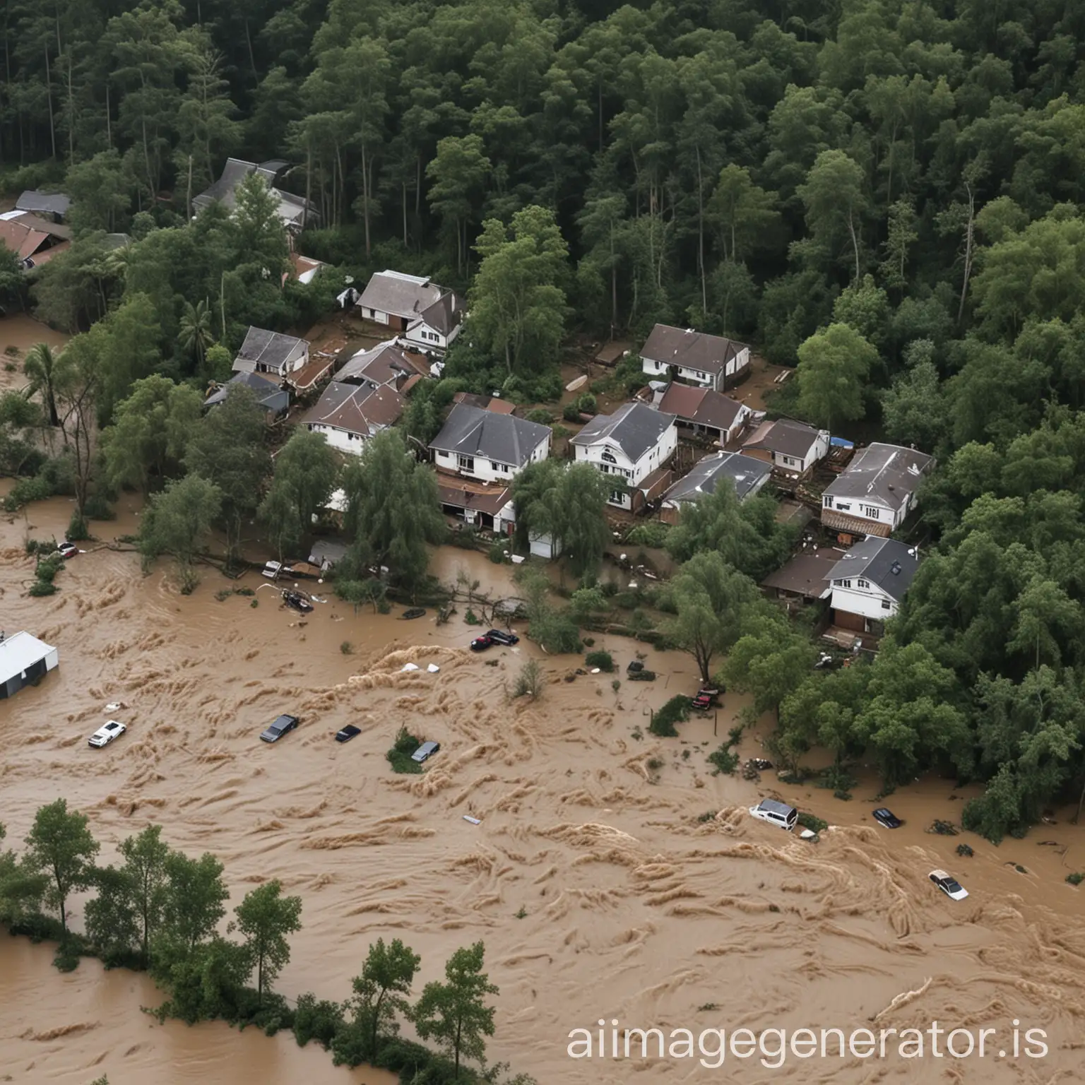 Floods washing away homes surrounded by cut-down trees and people are crying