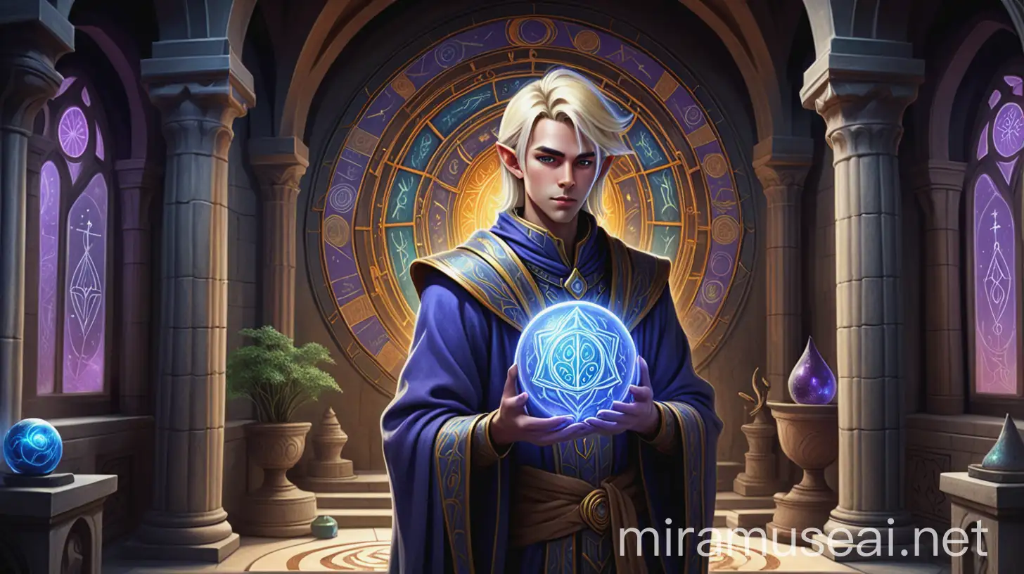 /imagine prompt: Valerian Nightshade, High Elf Wizard (1st level), Neutral, Acolyte: Raised in a temple of wisdom and magic, involved in rituals, seeking knowledge. Age: 115, Height: 5'10" (178 cm), Weight: 130 lbs (59 kg), Male, Golden-brown eyes, Silver-blonde hair, Light skin with a bluish tint. Valerian in a temple sanctum, surrounded by ancient tomes and arcane symbols, robes with magical glyphs, gazing at a floating sphere of divination magic. The sanctum is circular, high vaulted ceilings, celestial motifs, stained glass windows, ancient tapestries. Serene atmosphere, scented with incense, hum of arcane energy. Illustration, digital art with intricate linework and vibrant colors, --ar 16:9 --v 5