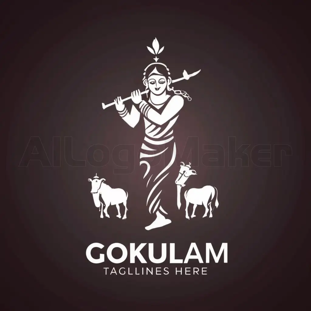a logo design,with the text "GoKulam", main symbol:SriKrishna playing flute with cows surrounding him,Minimalistic,be used in Religious industry,clear background