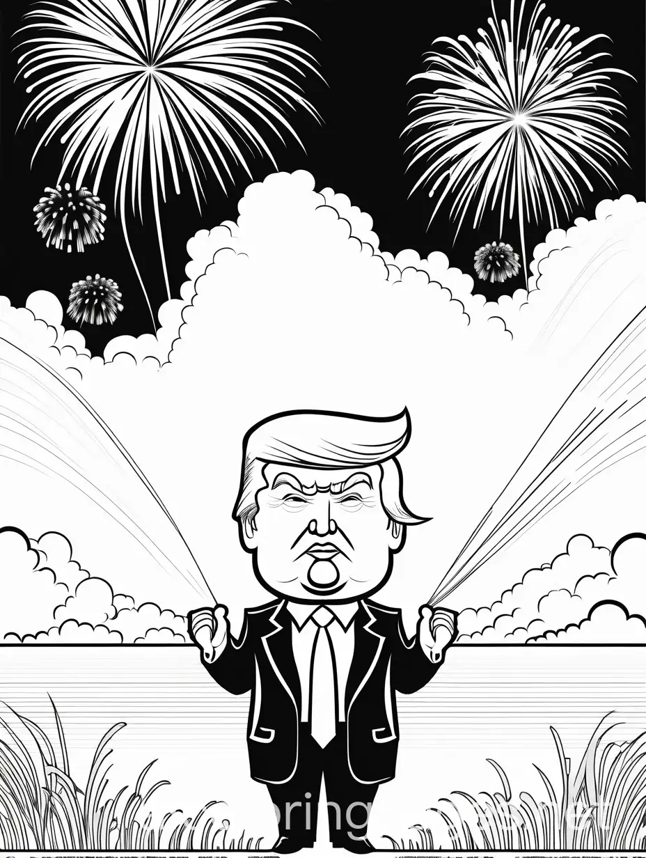 cartoon caricature of donald trump watching fireworks, Coloring Page, black and white, line art, white background, Simplicity, Ample White Space. The background of the coloring page is plain white to make it easy for young children to color within the lines. The outlines of all the subjects are easy to distinguish, making it simple for kids to color without too much difficulty