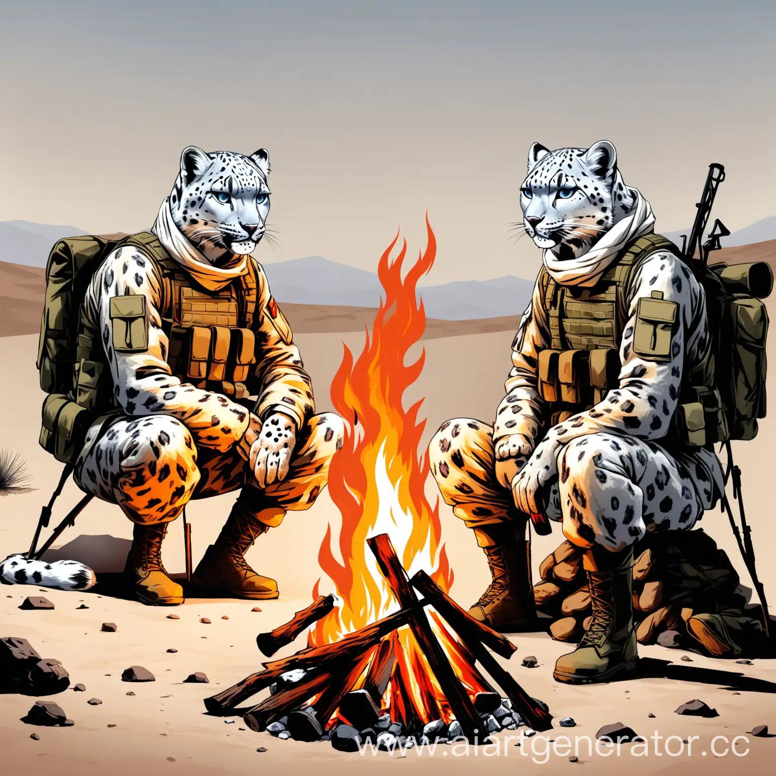 2 солдата сидят у костра в пустыне и смотрят на костер. Один из них с головой снежного барса
