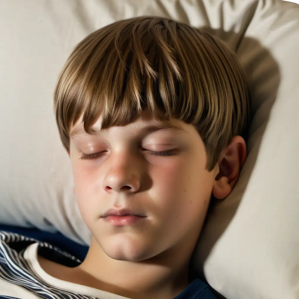Studio quality photo of sleeping eleven year old boy with soft, shiny light brown  hair with highlights,  bowl cut,  soft light overhead,  view from side of face, face on pillow, close up, head shot