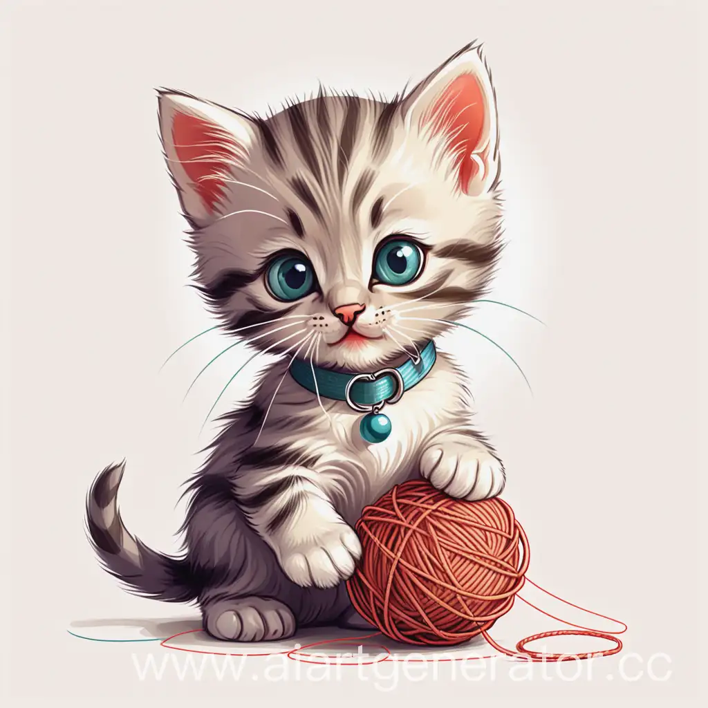 маленький милый котенок с ошейником играется с клубочком ниток, простоя рисунок, для детской книги