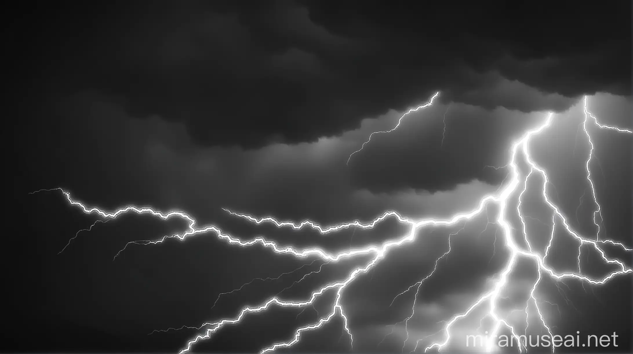 Black and white background, lightning streaks across the sky