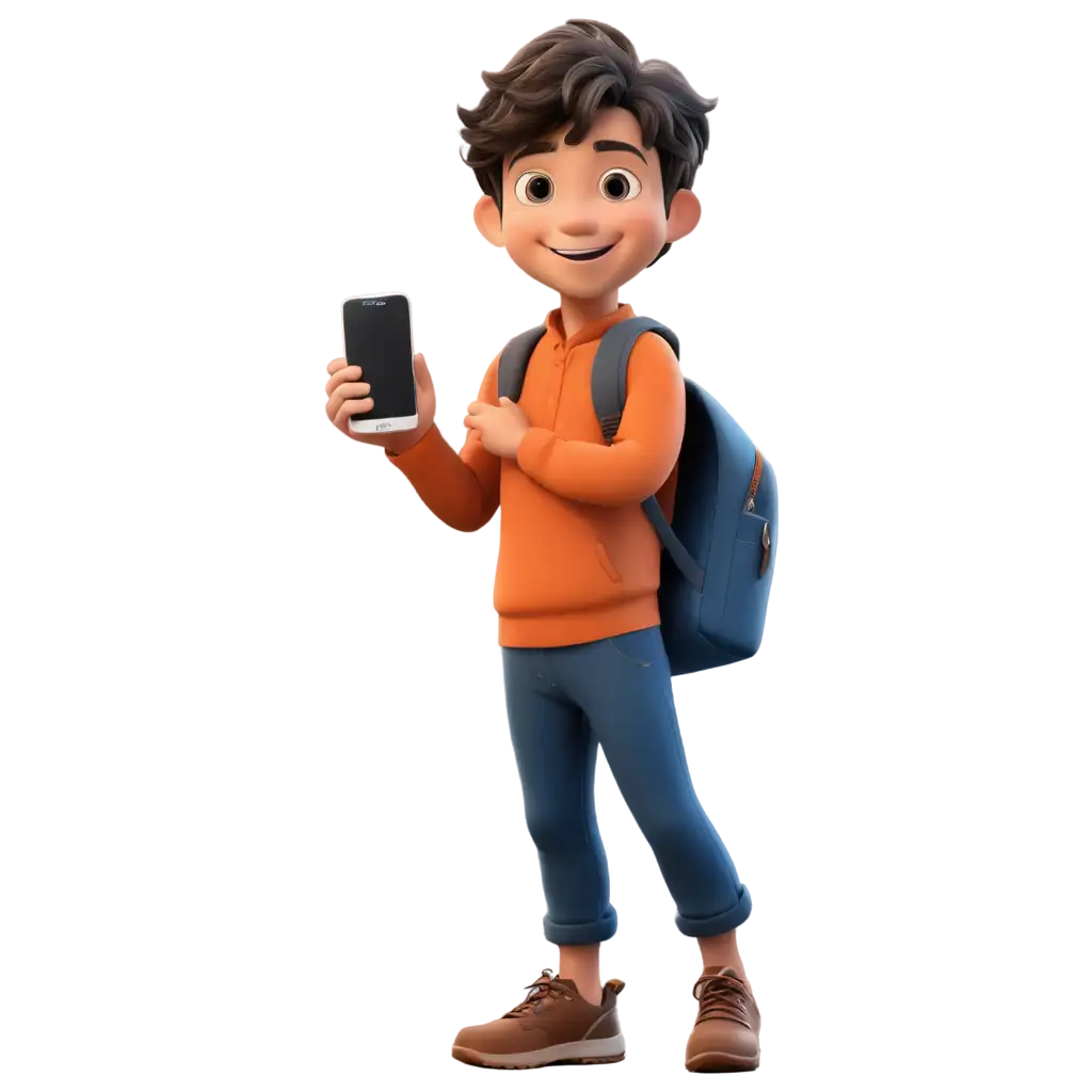 kartun anak laki laki memegang smartphone dengan pose senyum