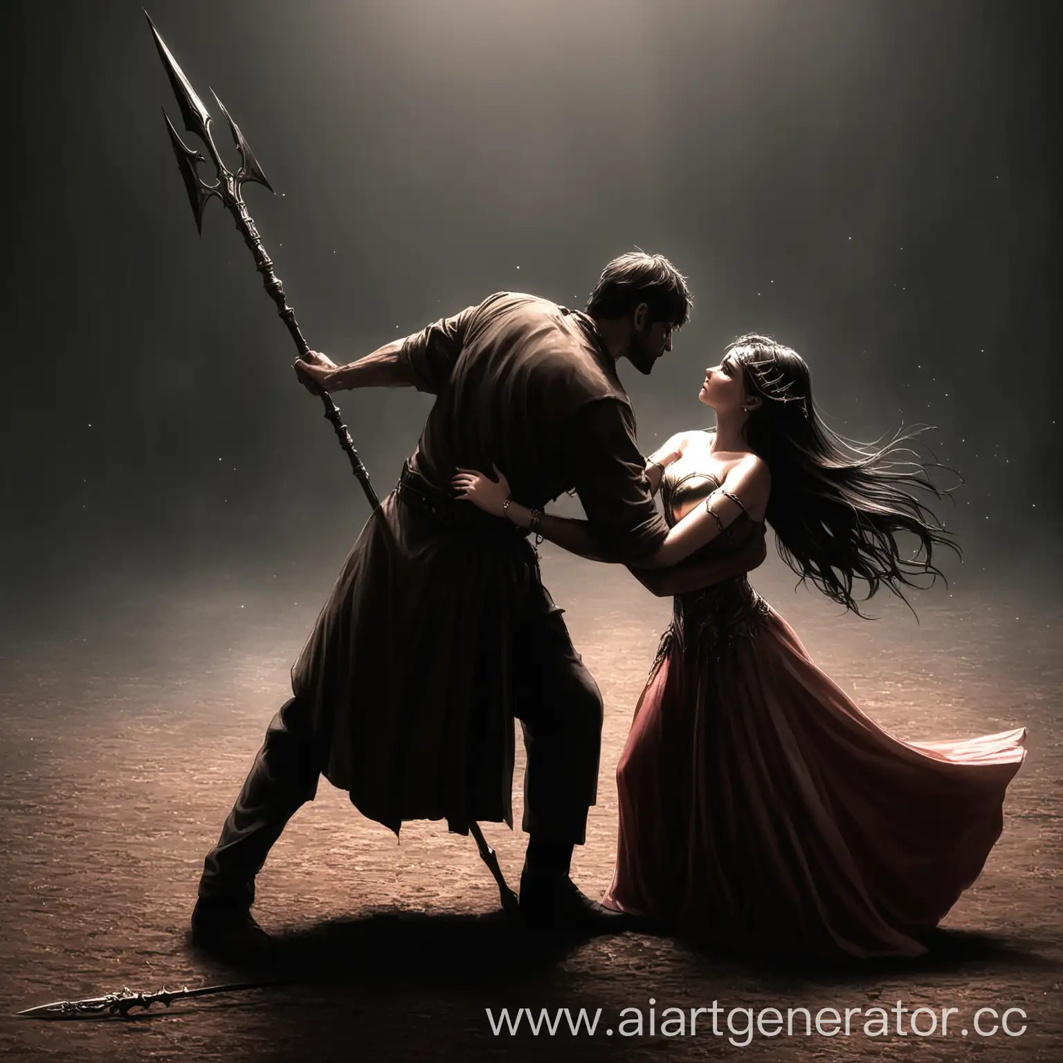 The girl pierces the man's heart with a spear.