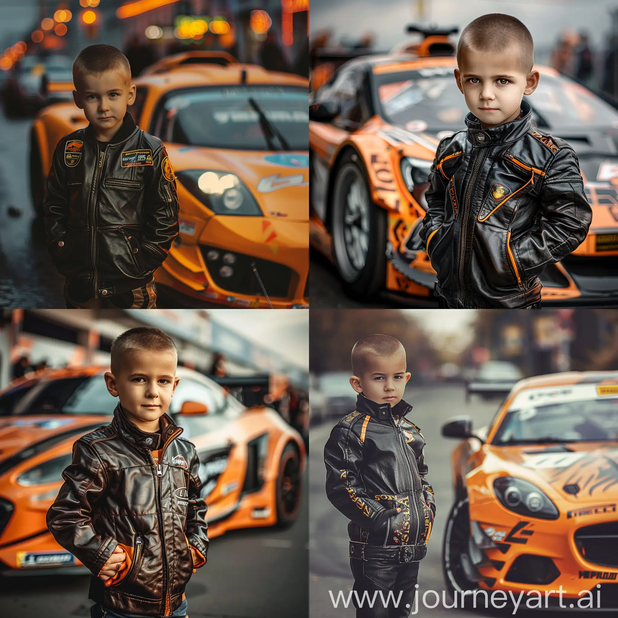 Young-Boy-with-Hands-in-Pockets-Stands-Beside-Bright-Racing-Car
