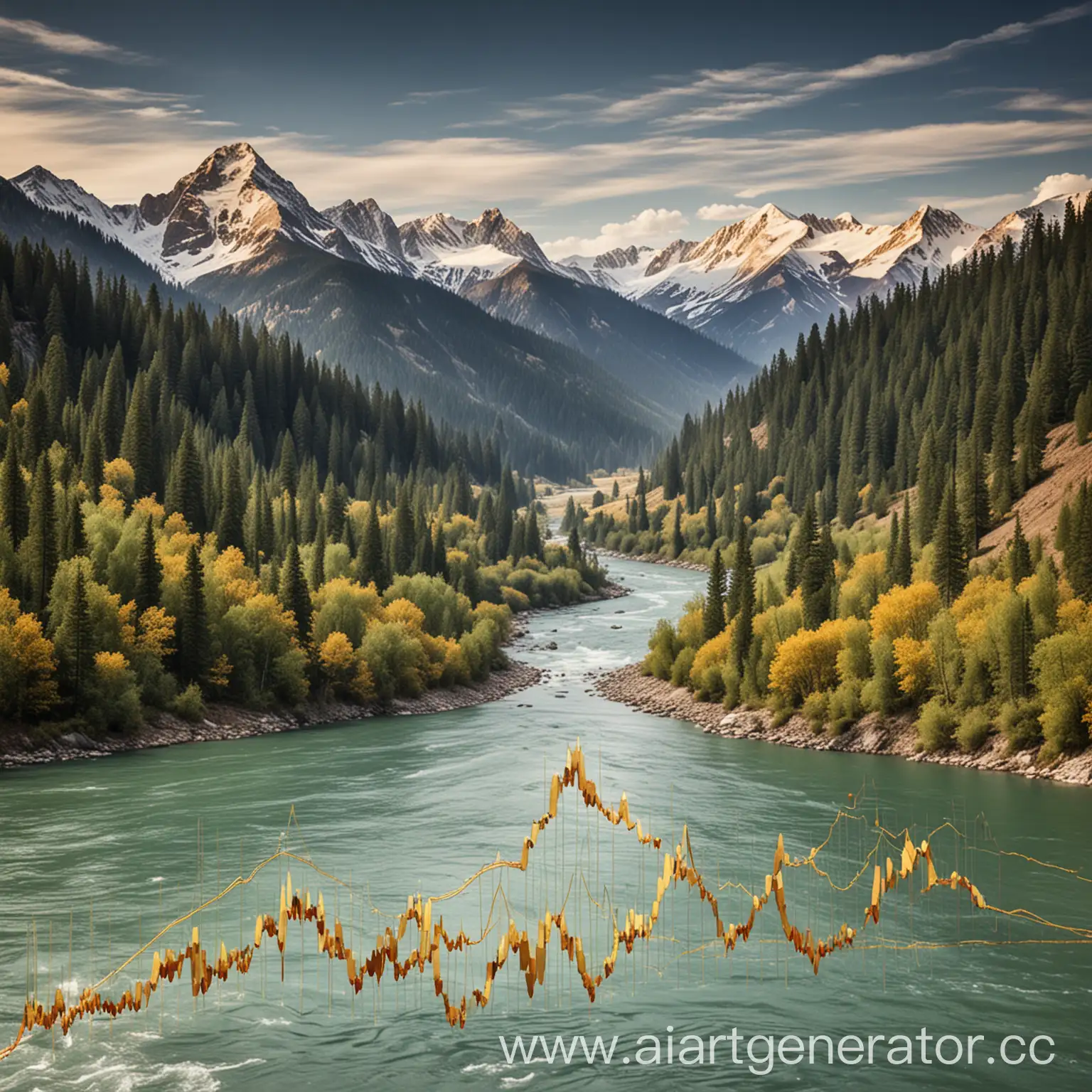 экономические графики и горы с рекой с россыпным золотом
