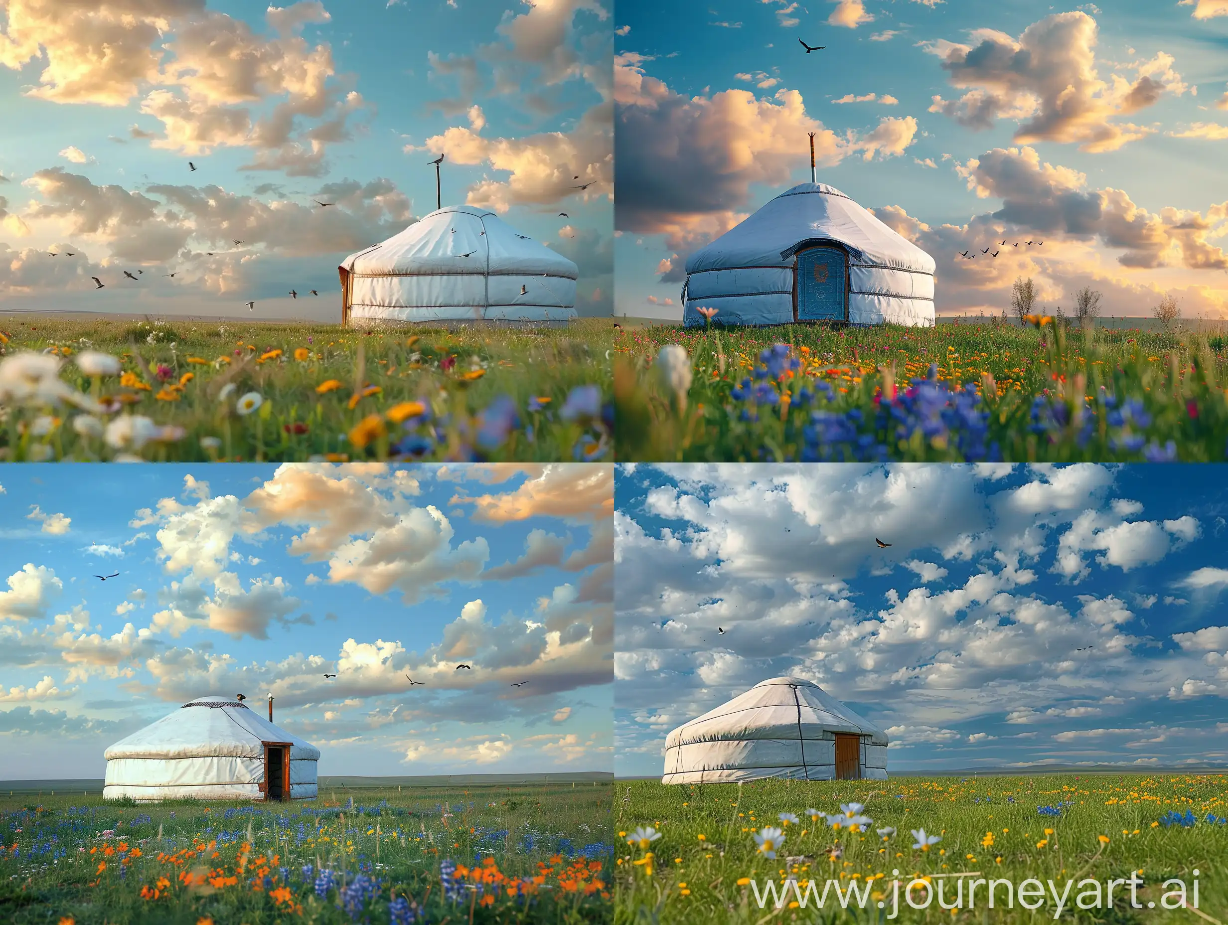 Springtime-Scene-Kazakh-White-Yurt-Amidst-Blossoming-Steppe-with-Early-Birds-and-Flowers