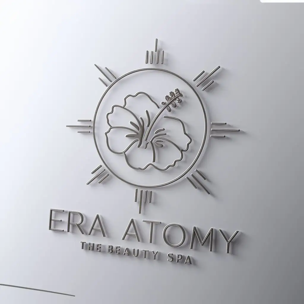 a logo design,with the text "Era Atomy", main symbol:stylized hibiscus in a circle on beautiful sun 8 rays,Moderate,be used in Beauty Spa industry,clear background