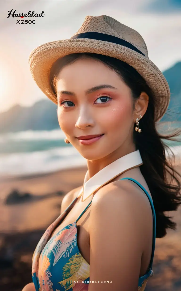 Portrait of Vietnam girl ,18 yo, makeup, in a hat, summer outfit, with light red powder blusher, in a close-up shot, with sunlight, outdoors, in soft light, with a beach background, looking at the camera, with high resolution photography, in the style of Hasselblad X2D50c