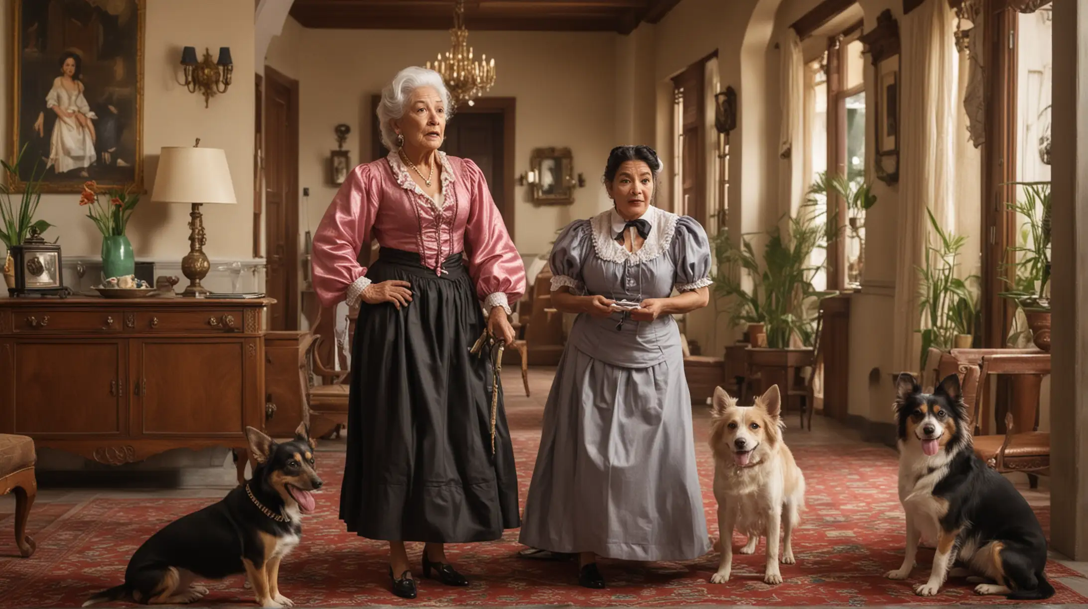 On rich old woman is acting for her young husband in a Hollywood mansion while her young Mexican maid is looking after dogs in the house