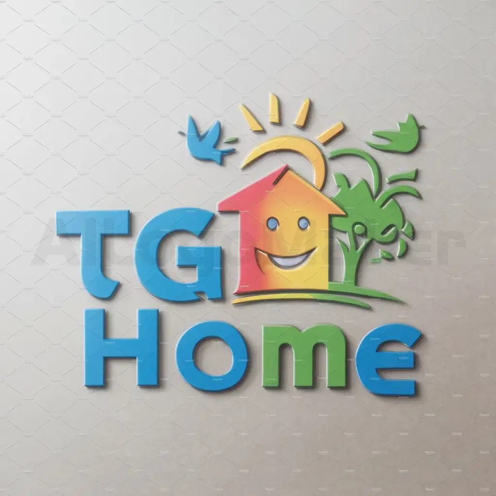 a logo design,with the text "TG HOME
", main symbol:HAPPY FREE   3D colorful,Moderate,be used in Home Family industry,clear background