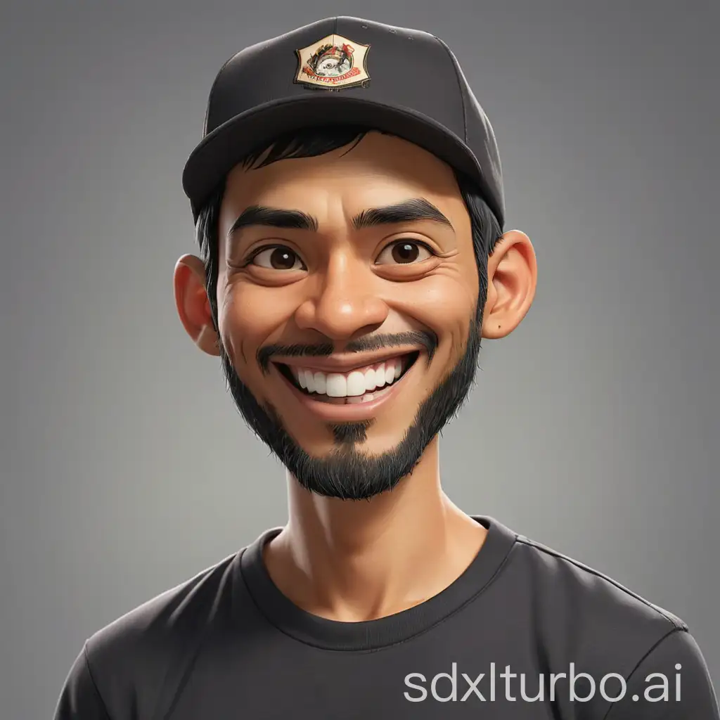 Caricature of an Indonesian man with a thin beard, short black hair, wearing a snapback hat, wearing a black t-shirt. Smiling, Gray background