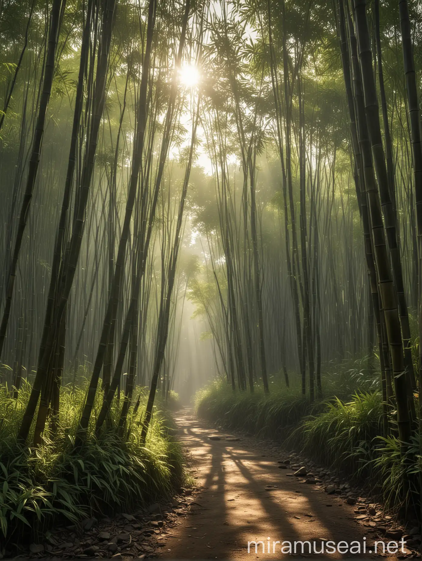 morning atmosphere in an Indonesian village.sunlight penetrates through gaps in bamboo trees.realistic.8k