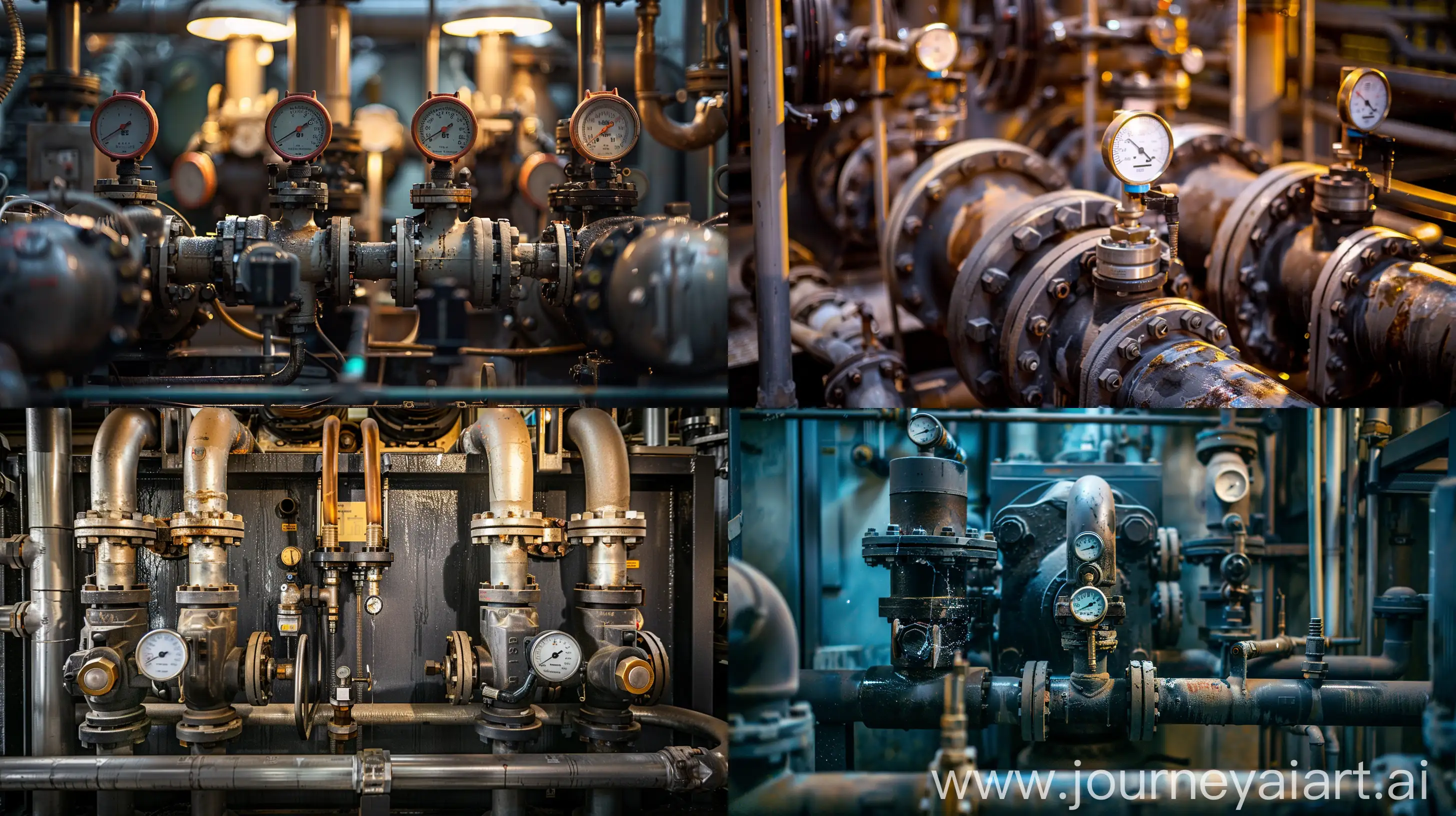 A close-up photograph capturing a pump station operating without a hydro-accumulator. The scene depicts the intricate workings of the pump system, with pipes, valves, and gauges arranged in an organized manner. The absence of a hydro-accumulator is evident, emphasizing the direct functionality of the pump station. The composition highlights the dynamic flow of water through the system, showcasing the pumps in action. The lighting is focused, illuminating key components and creating contrast to enhance visibility. The surroundings suggest an industrial environment, with metal surfaces and technical equipment contributing to the atmosphere. The photo conveys the efficiency and functionality of a pump station operating without a hydro-accumulator, presenting an opportunity for technical analysis and discussion.  --ar 16:9 