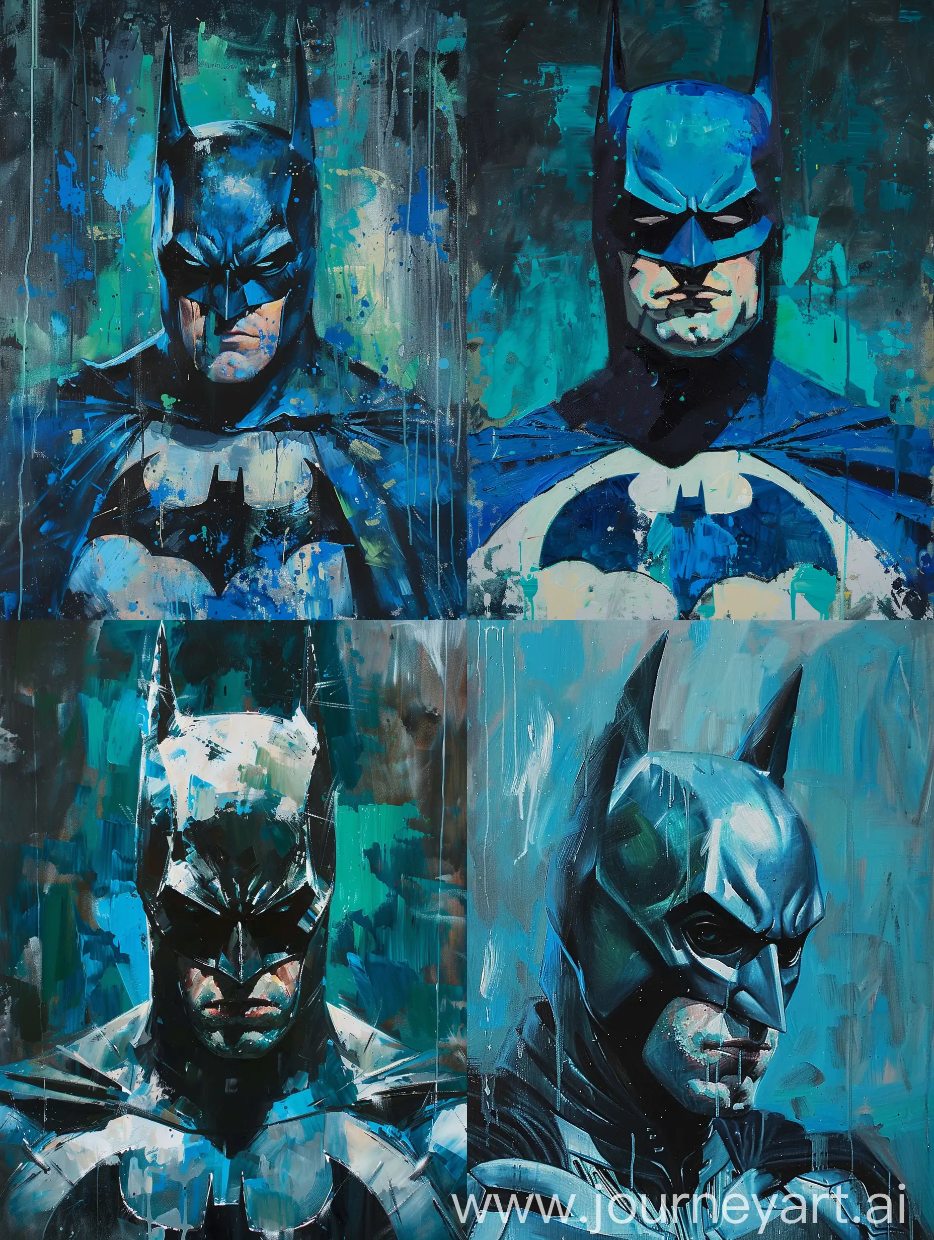 oil painting of batman in star wars style with a color palette of bright blues, cyan, teal, blue grey, blacks, white, and a soft greenish-blue. There are also touches of bright skin tone --c 5

