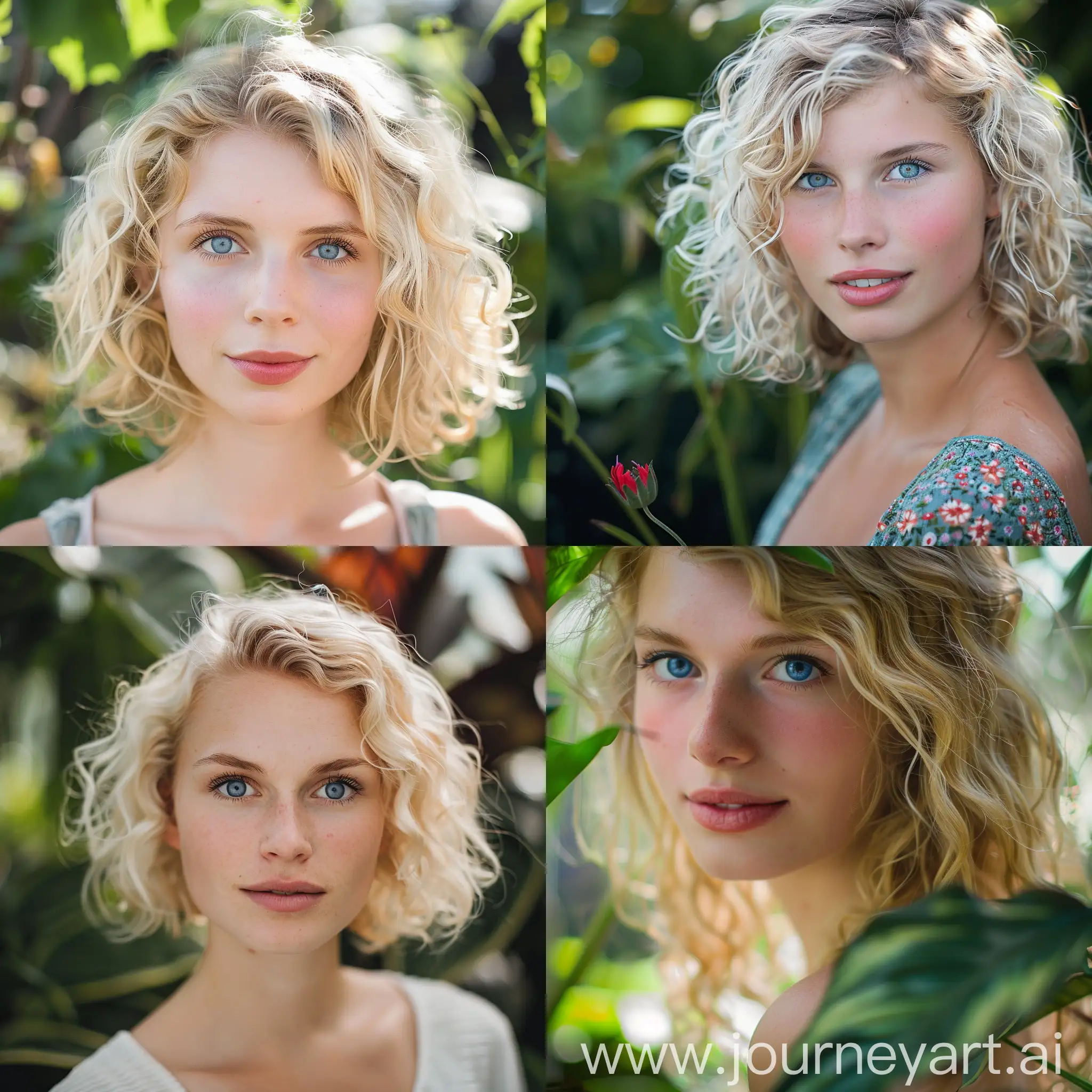 blonde woman with blue eyes, blonde hair, curly hair, German ethnicity, in a garden, fair skin, medium height, thin lips