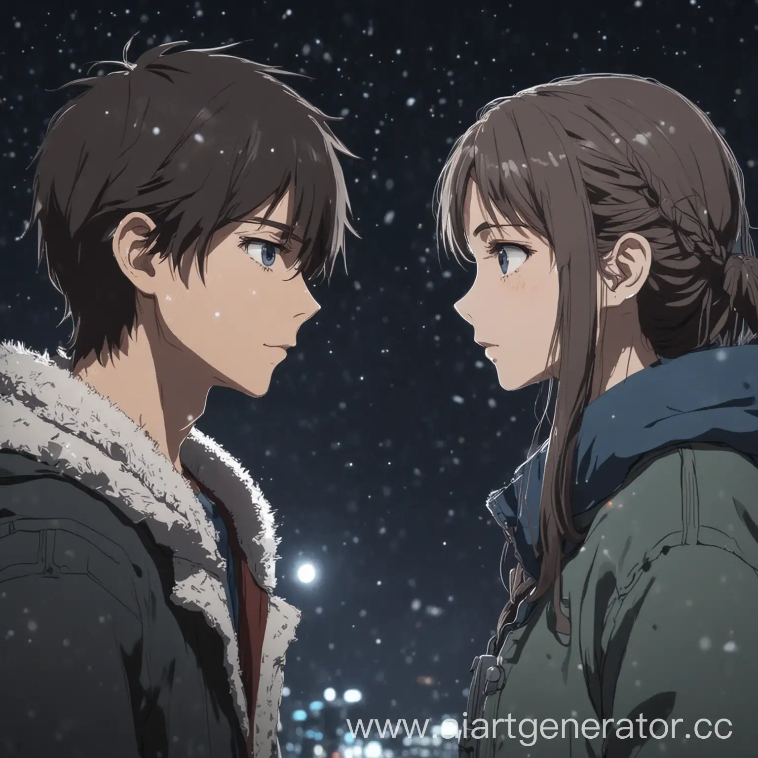 первая встреча парень и девушка, холодной ночью сморят друг на друга в стиле аниме