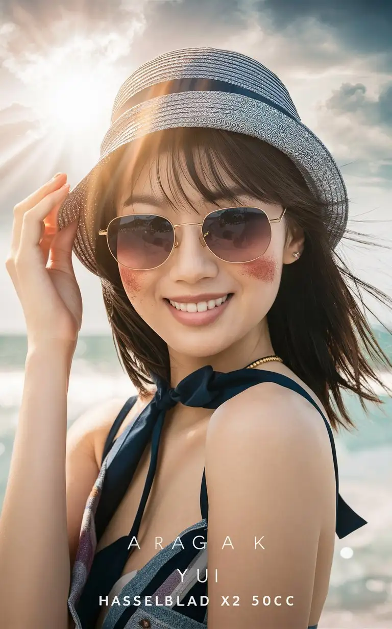 Portrait of a beautiful Aragaki Yui in a hat, sunglasses, smiling, summer outfit, with light red powder blusher, in a close up shot, with sunlight, outdoors, in soft light, with a beach background, looking at the camera, with high resolution photography, in the style of Hasselblad X2D50c --ar 85:128 --v 6.0 --style raw