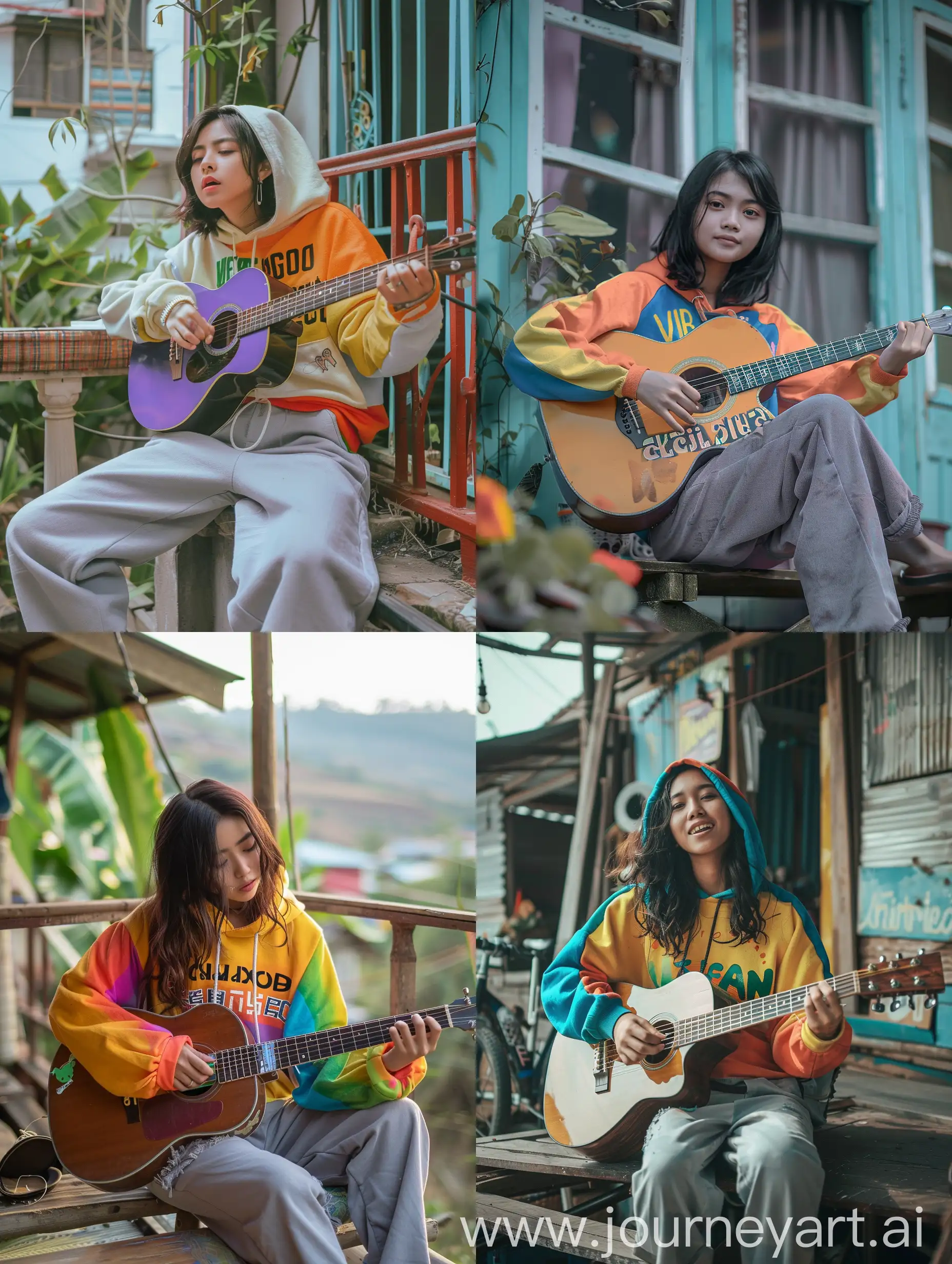 Original and authentic photo of a beautiful 20 year old Indonesian woman, wearing a colourfull hoodie with the word (VIRGO), light gray trousers, sitting on the terrace of a simple house while playing guitar, HD 16k photo quality clear and bright resolution