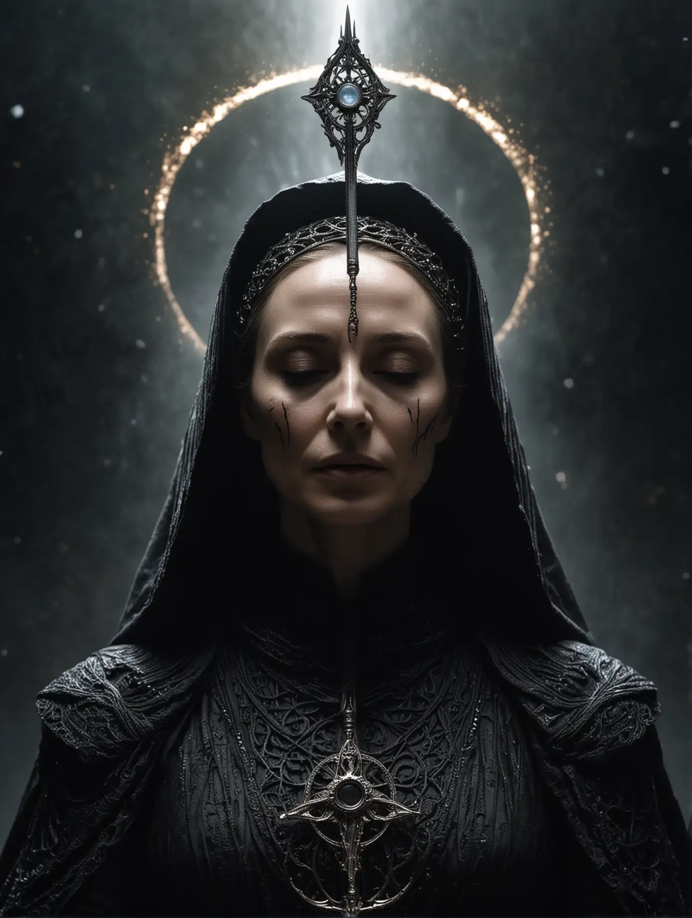 Mystical-Bene-Gesserit-Sister-with-Halo-Crown-and-Black-Sword-in-Space