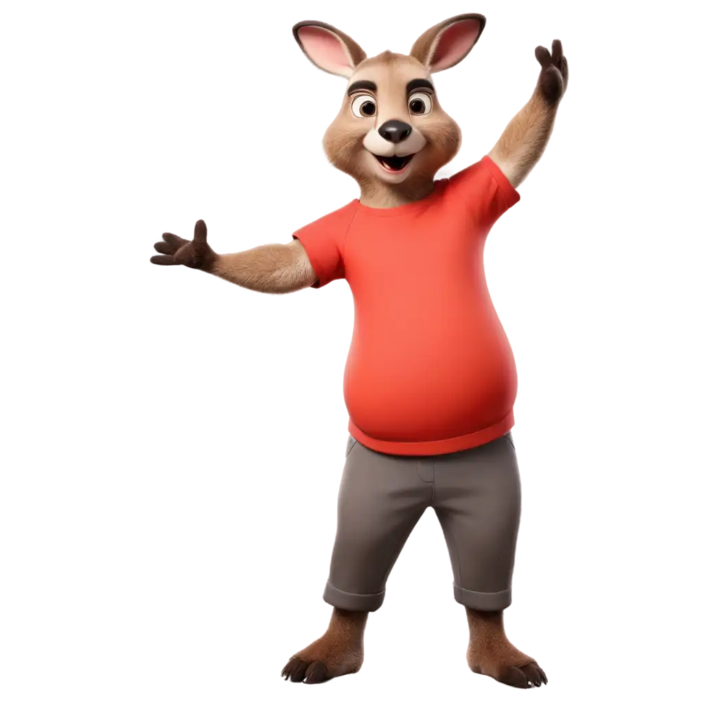 Create an adorable, chubby kangaroo character wearing a bright red T-shirt, full pant standing confidently with full straight arms open