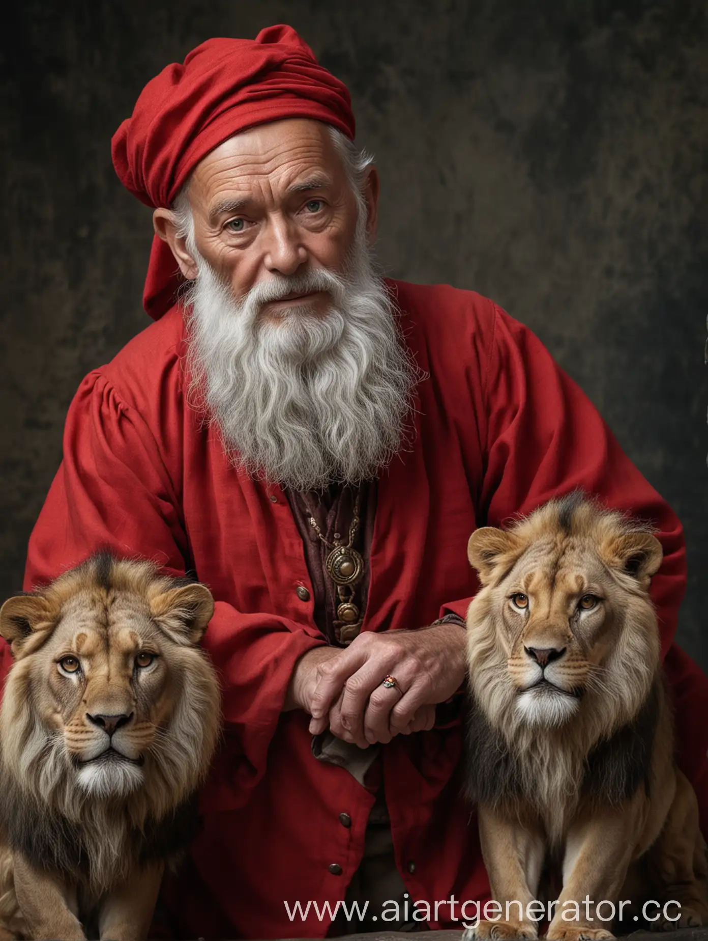 Пожилой мужчина, седой, с бородой, смотрит прямо, взгляд мудрого человека,  подбородок подперт рукой. Красная одежда, перстень, у ног два льва