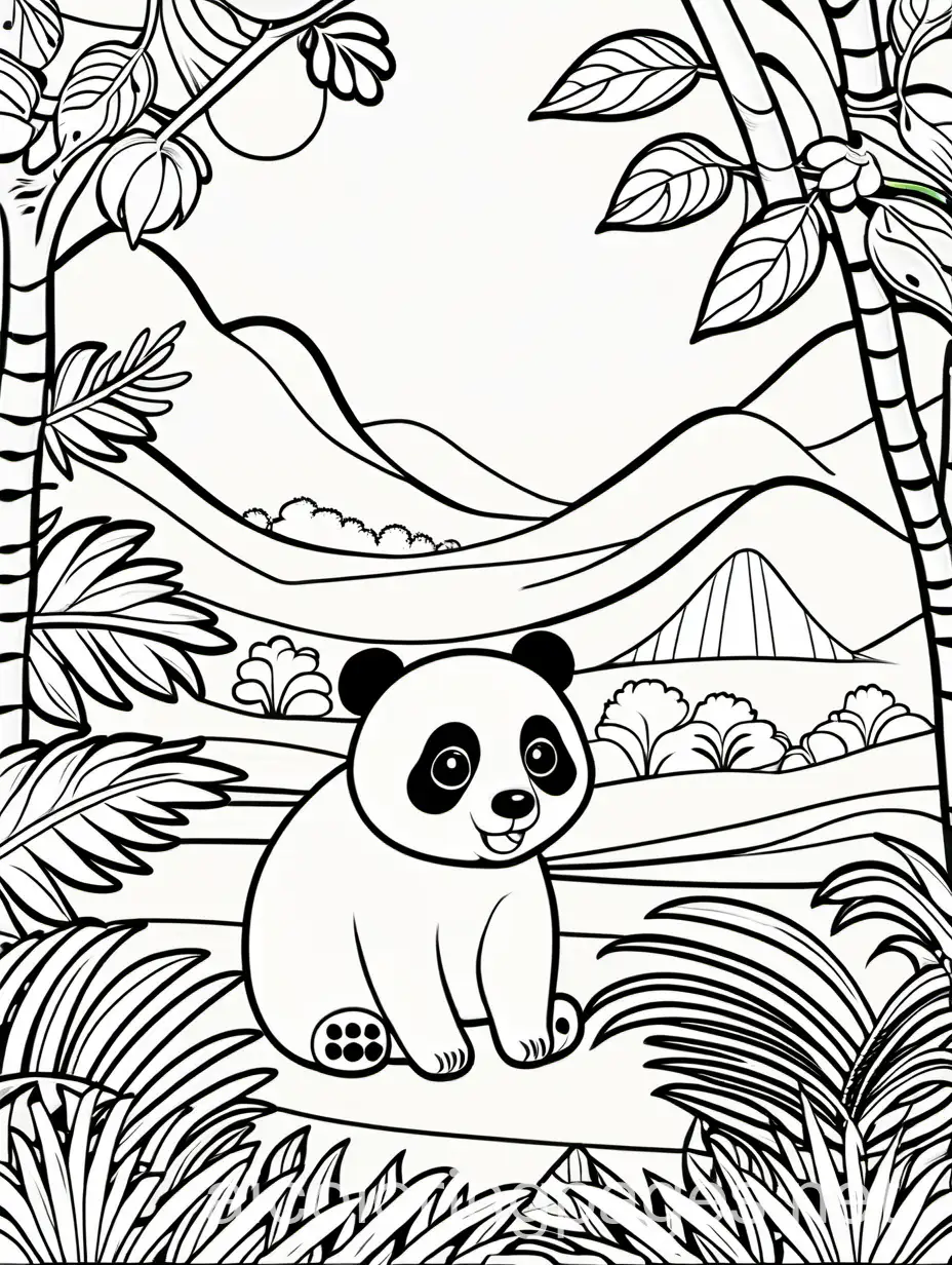 Cute panda in a jungle , Coloring Page, black and white, line art, white background, Simplicity, Ample White Space. The background of the coloring page is plain white to make it easy for young children to color within the lines. The outlines of all the subjects are easy to distinguish, making it simple for kids to color without too much difficulty, Coloring Page, black and white, line art, white background, Simplicity, Ample White Space. The background of the coloring page is plain white to make it easy for young children to color within the lines. The outlines of all the subjects are easy to distinguish, making it simple for kids to color without too much difficulty