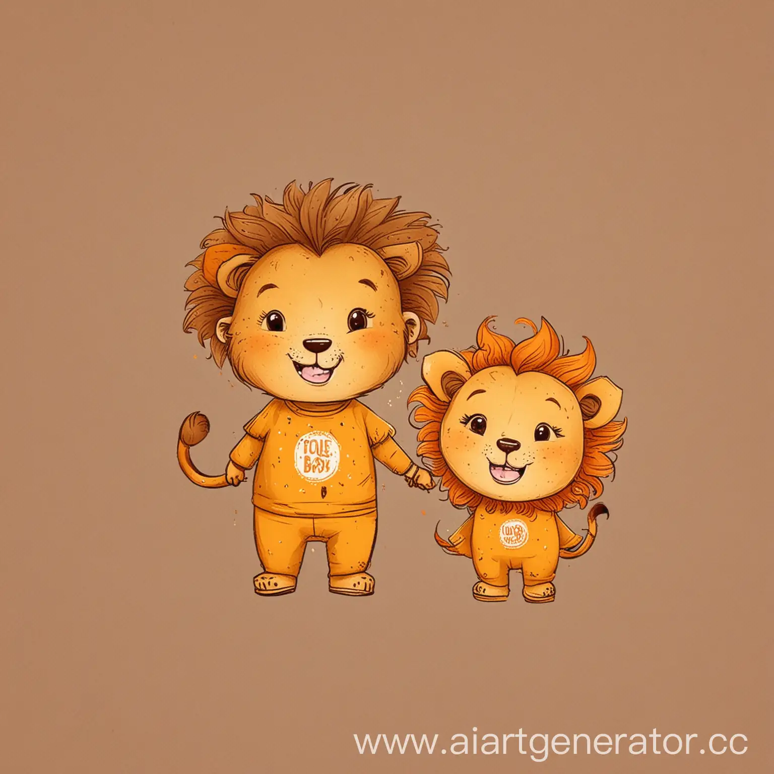 Нарисуй пожалуйста веселого львенка подростка мальчика и девочку чтоб улыбались логотип для магазина одежды для детей и подростков цвета кофейный желтый оранжевый стильные 