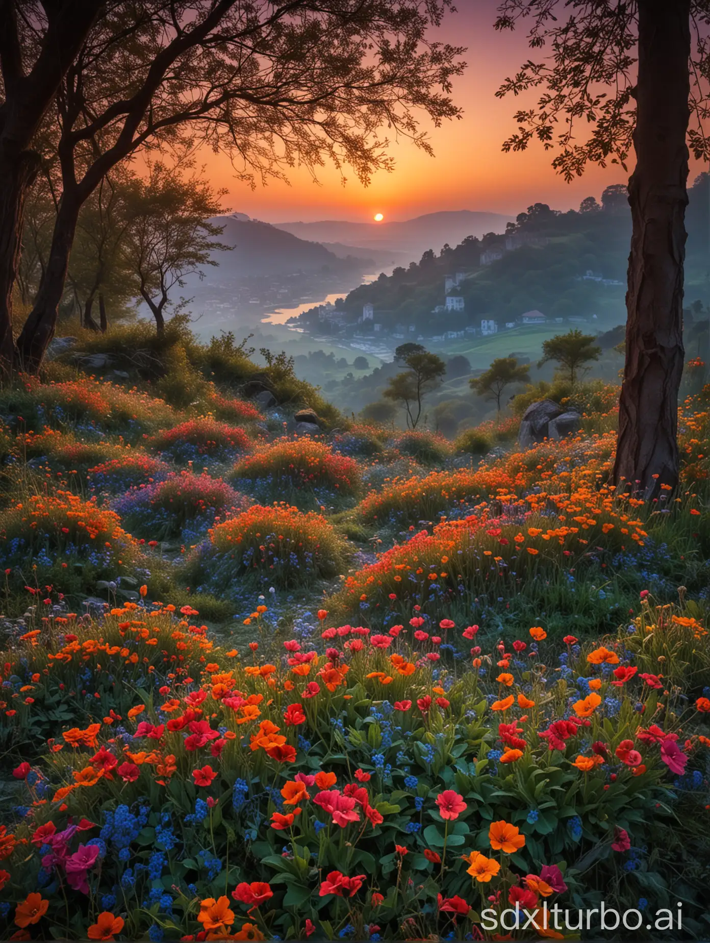 Dawn, flowers, mysterious, colorful, beautiful scenery, world heritage site, masterpiece