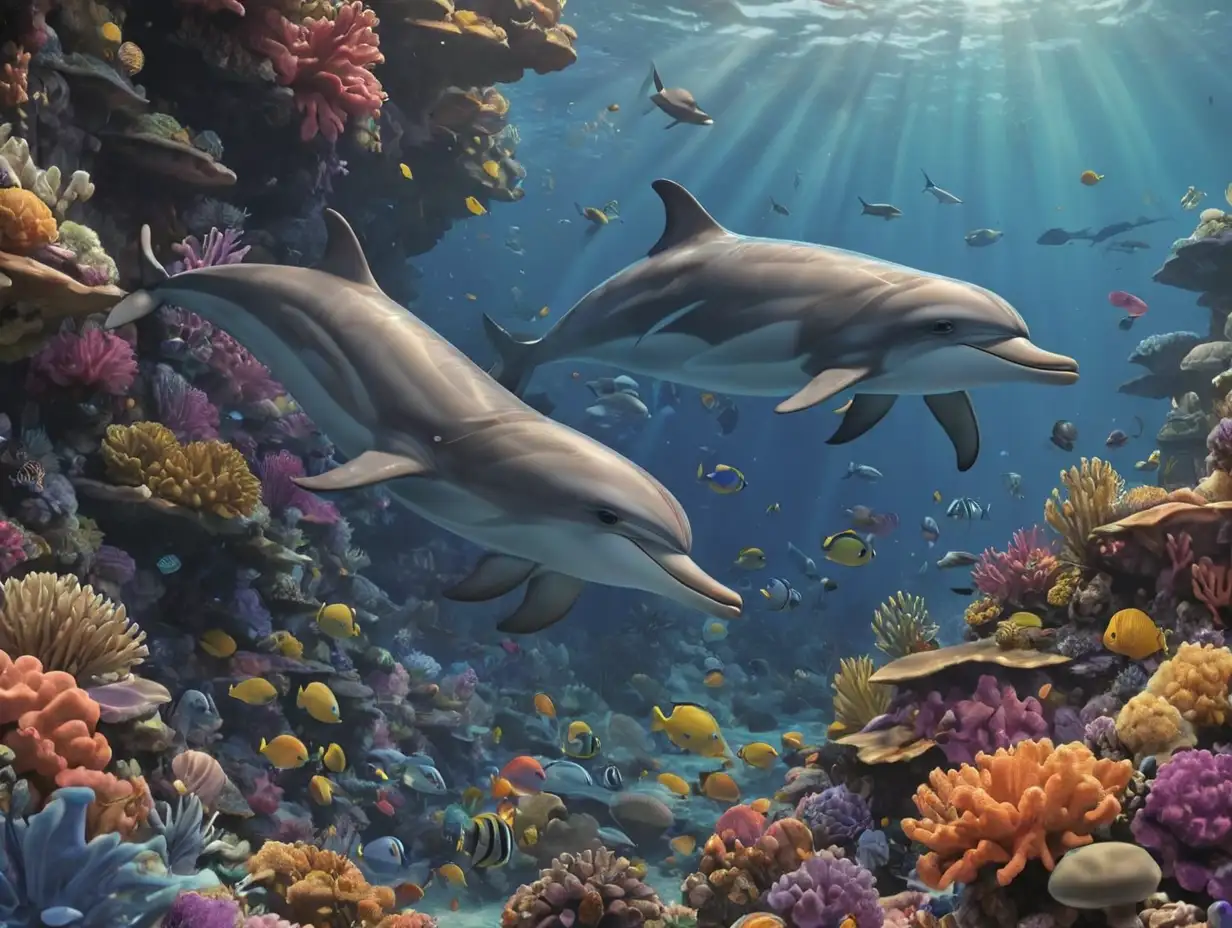 dolphins, in the vibrant and colorful depths of the Great Coral Reef, 3d disney inspire