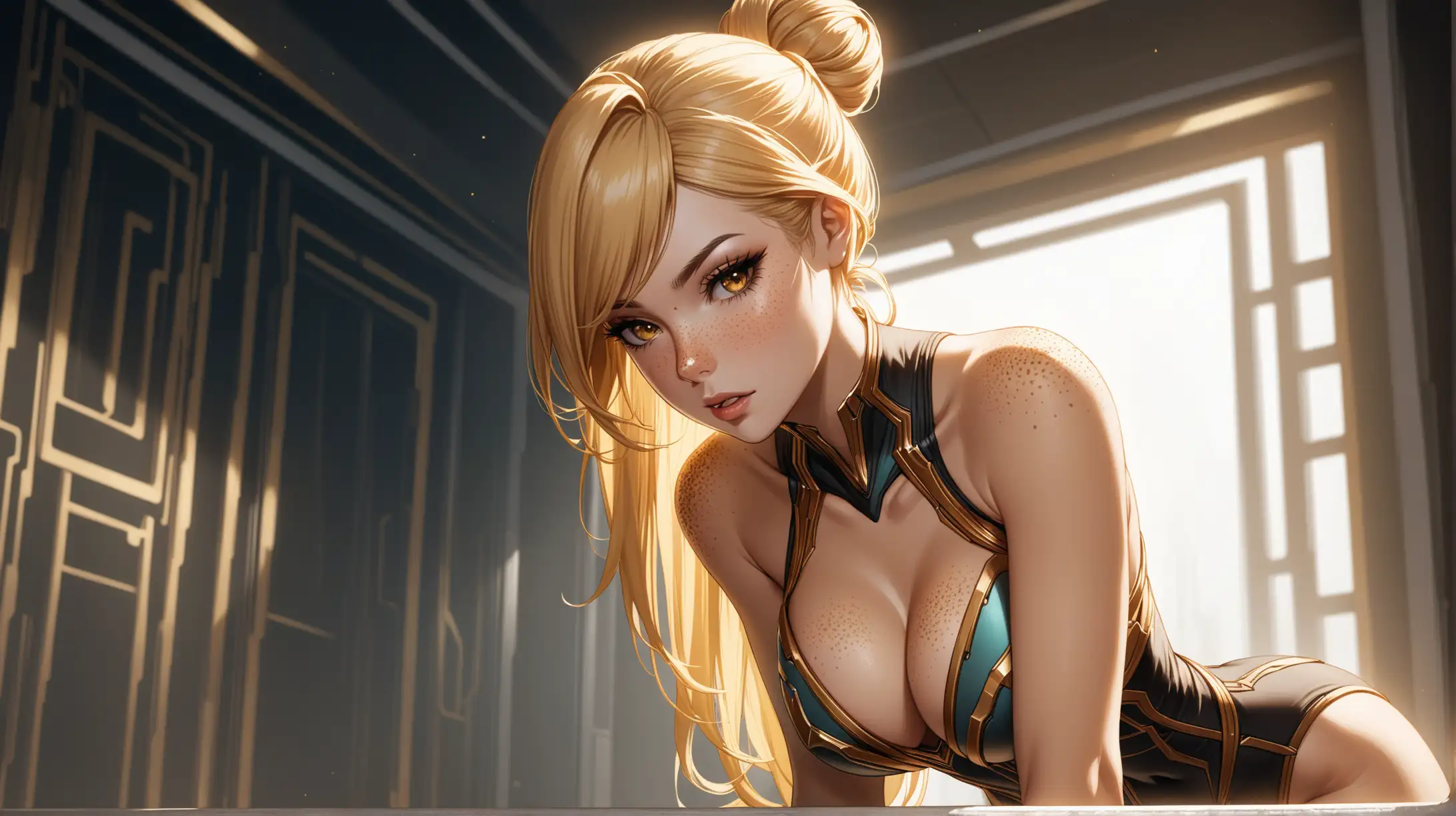 Draw a woman, long blonde hair in a bun, gold eyes, freckles, perky figure, outfit inspired from the game Warframe, high quality, leaning forward, indoors, seductive, cleavage, natural lighting, adoring gaze