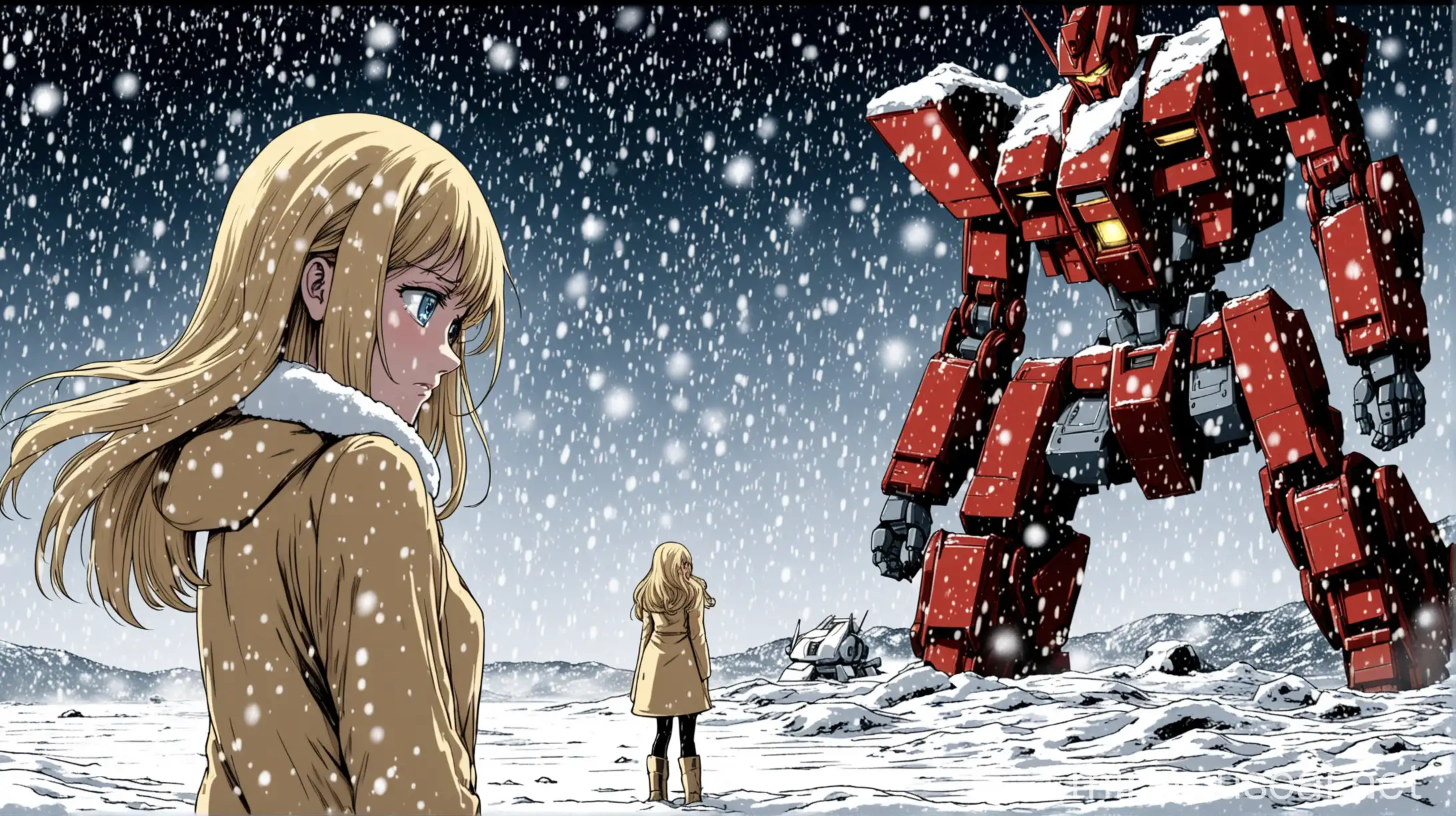 manga frames of a gorgeous blonde woman standing in the snowfall, her eyes is glowing red, and then giant robot appears off the snow, sad, crying 