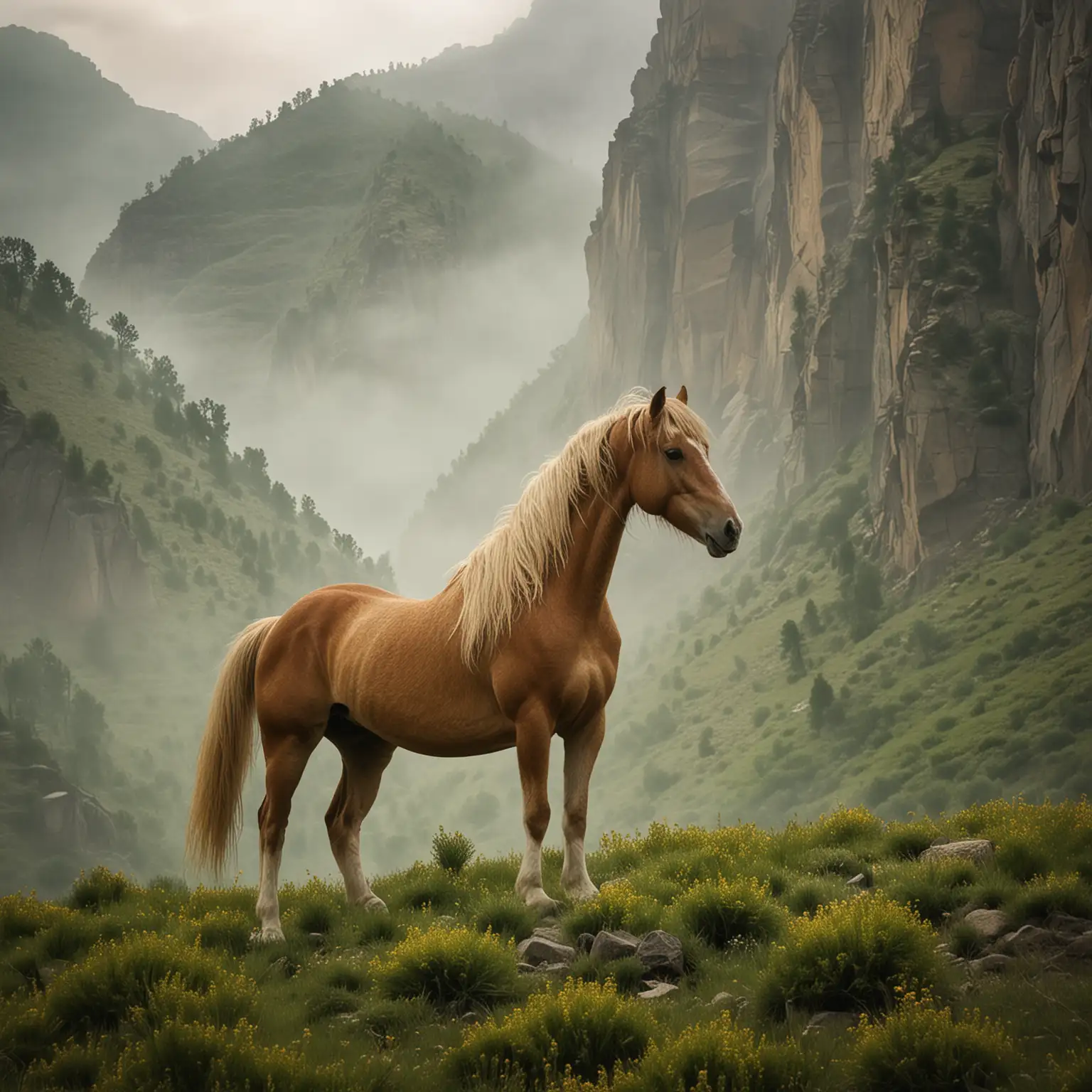 Climb the 'Mountains of Mystery' with the great and beautiful mustang horse where peaks shrouded in soft green mists hide secrets, and pure golden echoes call to those brave enough to discover the truth