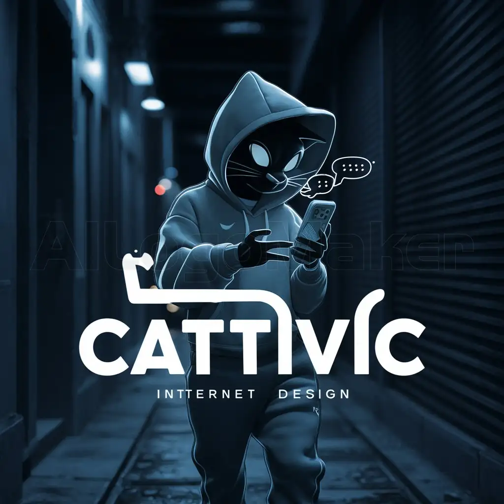 LOGO-Design-for-Cattivic-Dark-and-Complex-Illustration-of-Cattivic-in-a-Hoodie-Chatting-on-the-Street