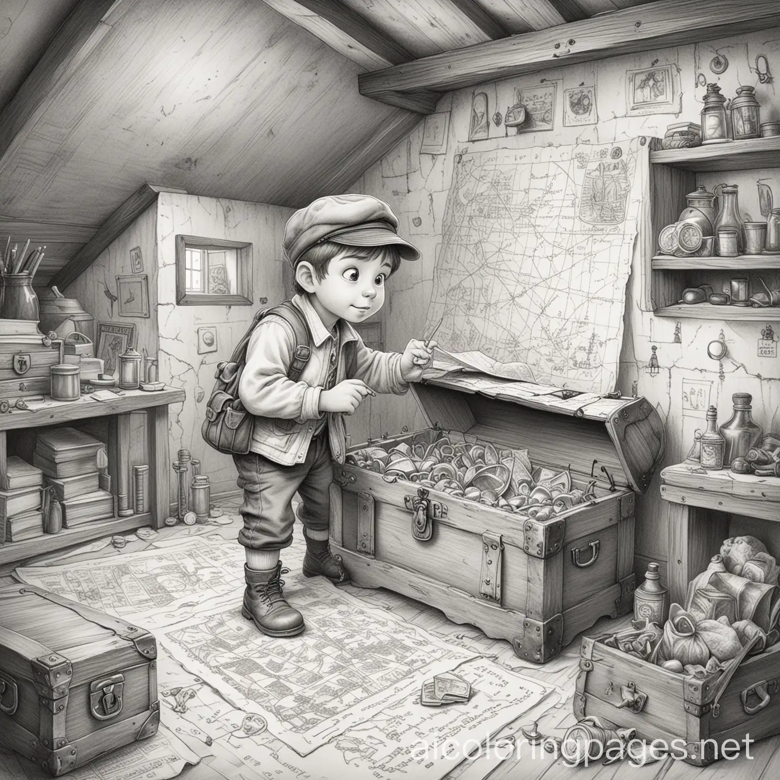 Lightly sketch the layout of the entire scene with a pencil. Place the main elements: the kid detective in the centre, the treasure map in their hands, the old chest in front of them, and the attic setting around them., Coloring Page, black and white, line art, white background, Simplicity, Ample White Space. The background of the coloring page is plain white to make it easy for young children to color within the lines. The outlines of all the subjects are easy to distinguish, making it simple for kids to color without too much difficulty