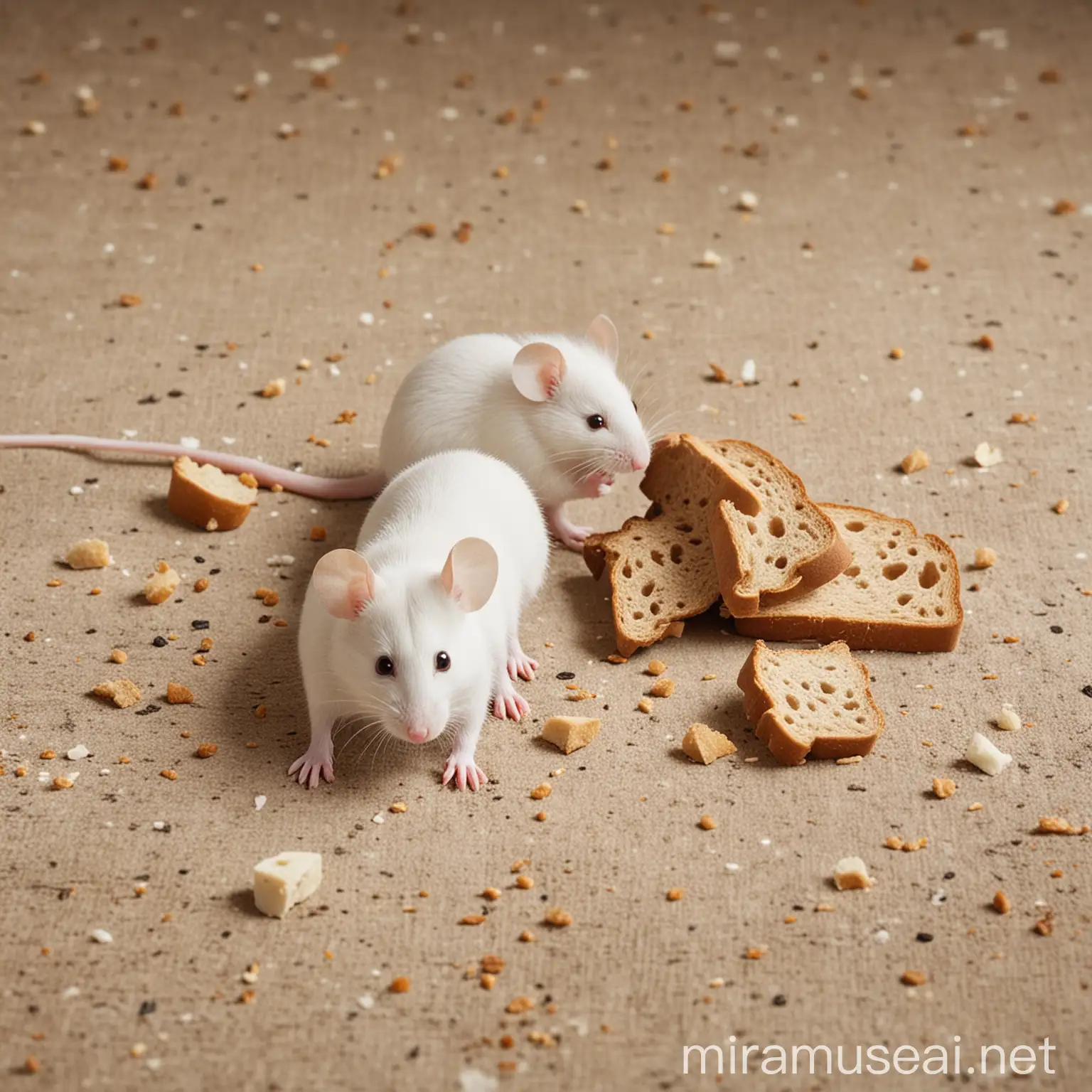 Create a high-quality image of two small white mouse  moving here there eating pieces of bread on floor. The mouse moves in natural daylight.