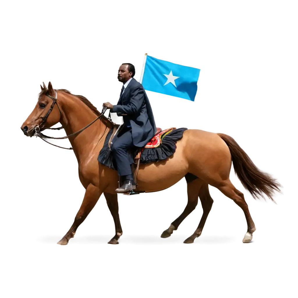 Farmajo on a horse carrying the Somali flag