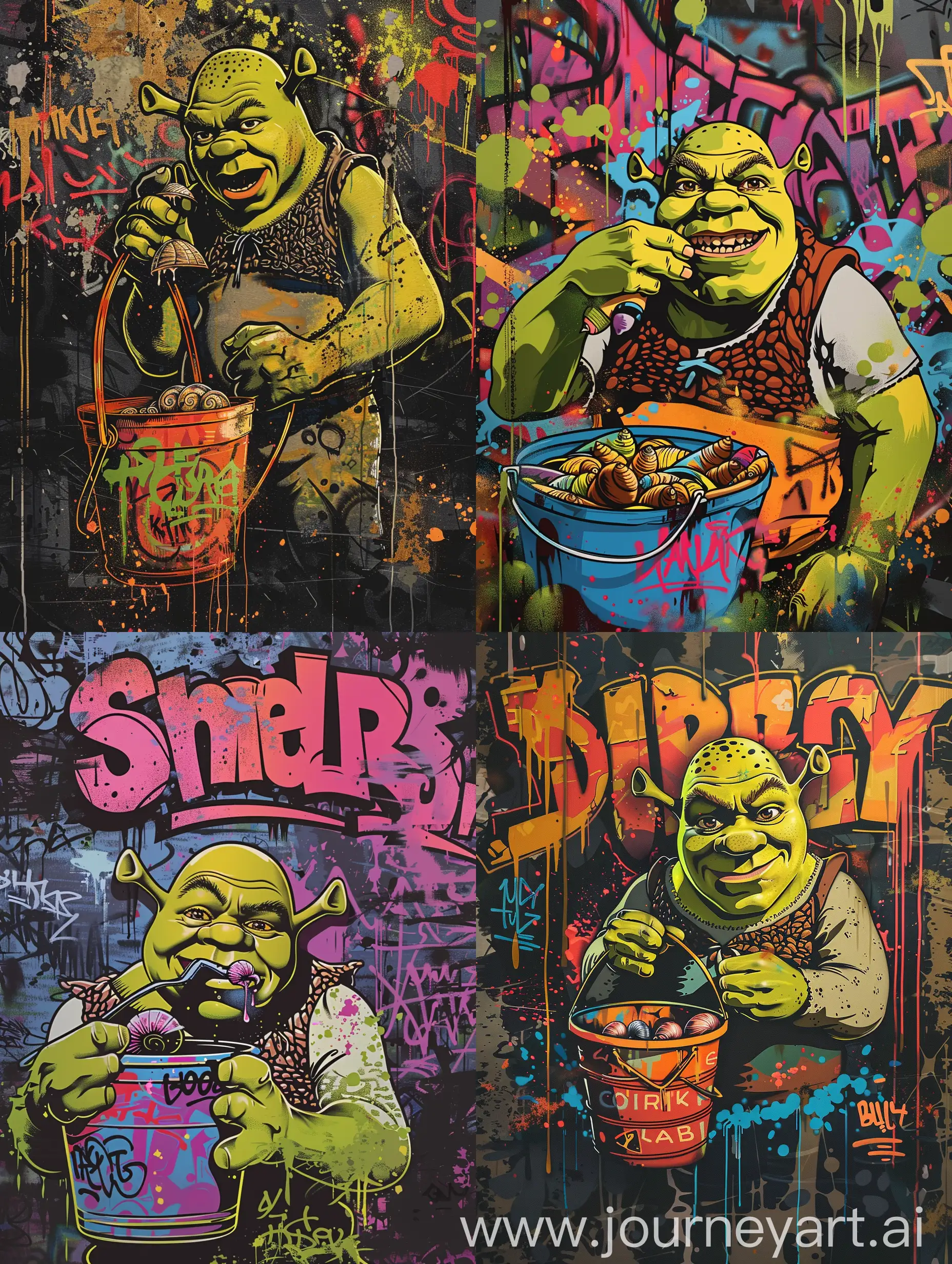 flat illustration graffiti on cava:2, illustration of Shrek eating a bucket of snails, traditional vibrant, swamp , urban, detailed, tag, background full of dark paint splash and graffiti text, random sized graffiti text all over typography:2, urban, canva texture, text 