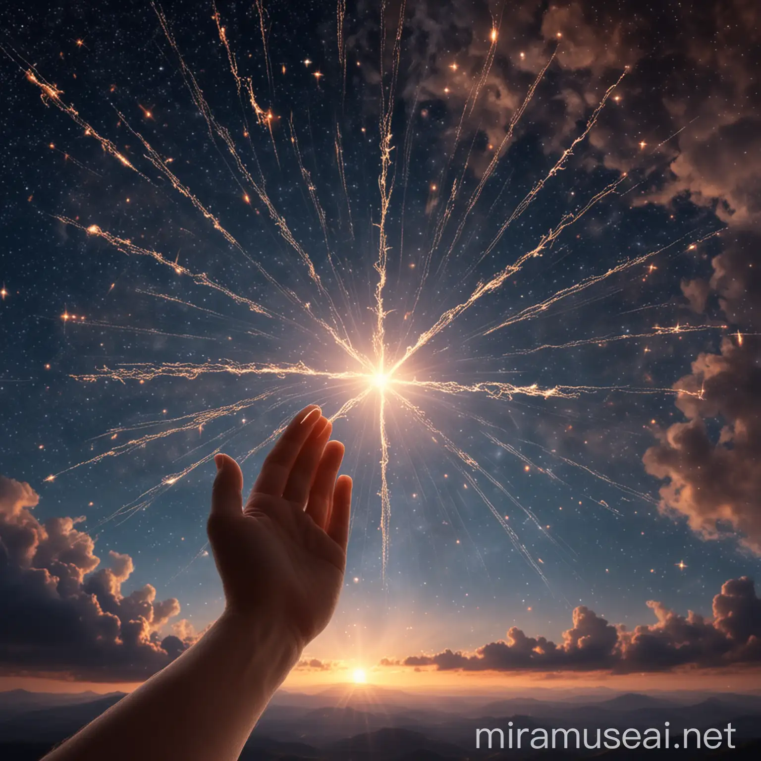 Hands Joined in Prayer Against a Cosmic Sky with Spiritual Sparks