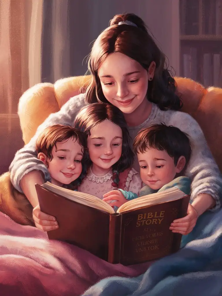 Digital painting of a mother reading a Bible story to her children before bedtime, emphasizing the role of Christian teachings in shaping a family’s values and traditions. The painting could feature a cozy and warm atmosphere, symbolizing the comfort and security found in faith.