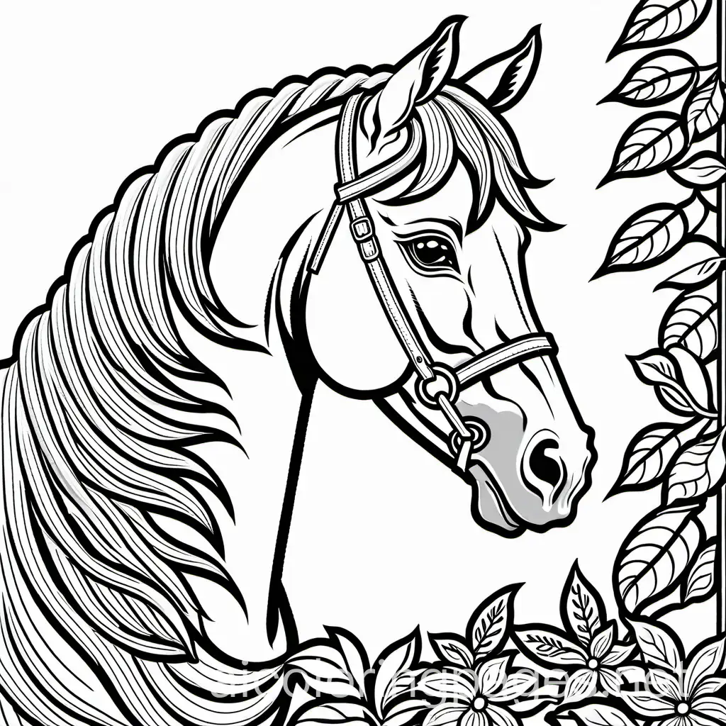 Adult coloring book - horse, Coloring Page, black and white, line art, white background, Simplicity, Ample White Space. The background of the coloring page is plain white to make it easy for young children to color within the lines. The outlines of all the subjects are easy to distinguish, making it simple for kids to color without too much difficulty