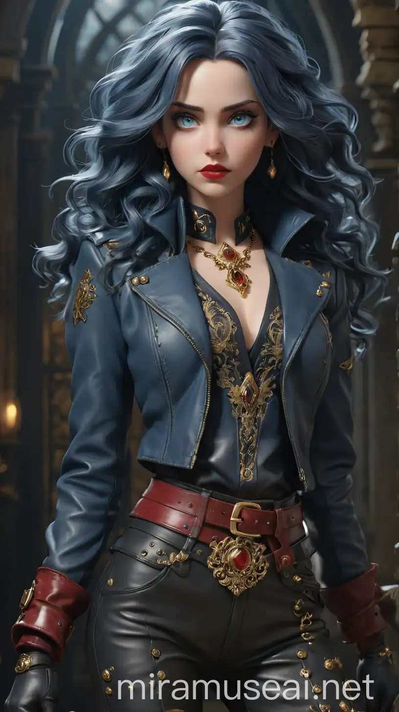 A Young Woman who is tall and striking, with long, flowing midnight-blue hair that cascades down her back in loose waves. Her piercing ice-blue eyes are framed by thick, dramatic lashes, and her porcelain skin is flawlessly pale. She possesses an elegant and statuesque figure, with sharp cheekbones and a regal posture that commands attention wherever she goes. Her outfit exudes a mix of dark academia and gothic elegance, perfectly reflecting her lineage as the daughter of the Evil Queen. She wears a fitted blue leather jacket adorned with intricate silver and golden embroidery, reminiscent of royal insignias. Beneath the jacket, she dons a flowing dark crimson blouse with billowing sleeves, cinched at the waist with a wide black leather belt embellished with gleaming gold apple buckles. Her lower half is clad in sleek black leather pants, tailored to perfection and tucked into knee-high combat boots adorned with silver studs and buckles. Around her neck, she wears a chunky silver pendant featuring a blood-red gemstone, adding a touch of sinister allure to her ensemble. To complete her look, The Young Woman accessorizes herself with black leather gloves adorned with golden accents and carries a blue leather satchel with intricate detailing, containing her miniature hand mirror and her makeup kits. Overall, her attire is a bold mix of bold blues, dark reds, and rich blacks, with golden and silver accents adding an extra layer of sophistication and mystery.