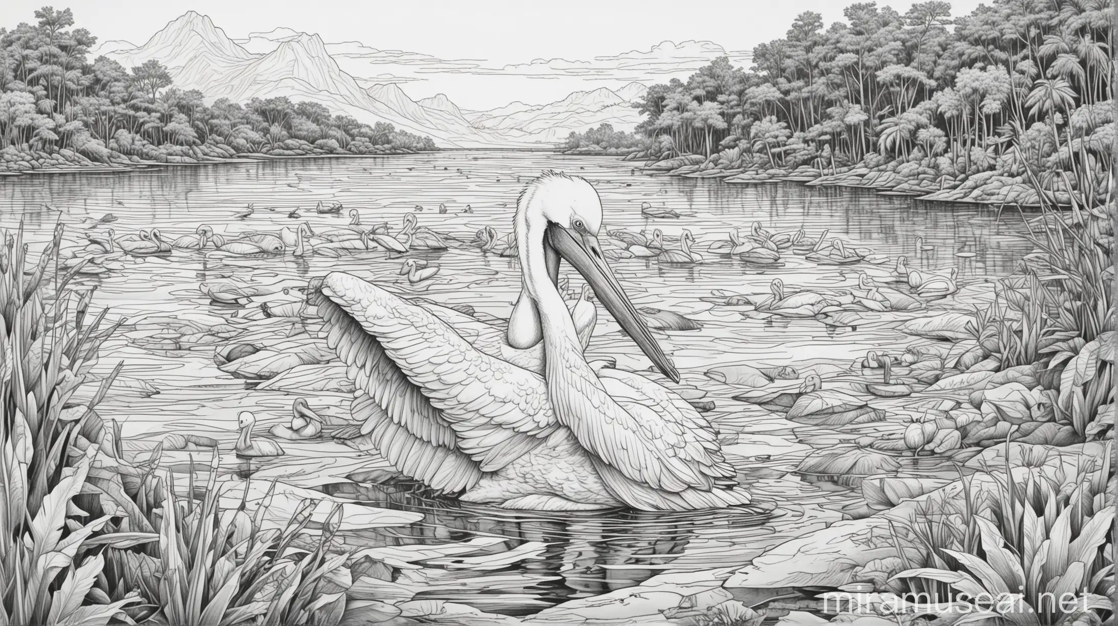 Pelican Coloring Book Illustration Tranquil Lake Scene