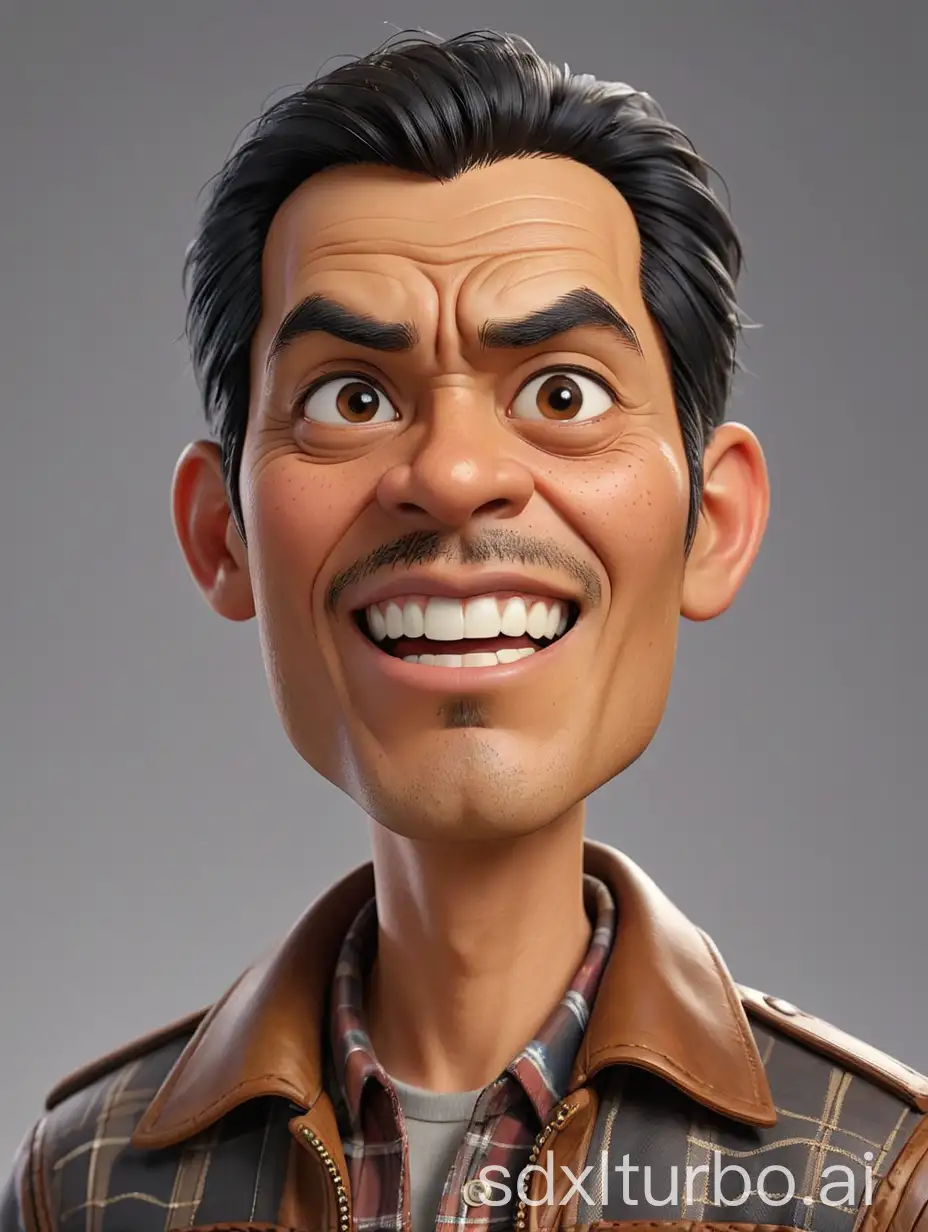 3D caricature of a middle-aged Indonesian man with straight black hair, wearing a plaid shirt and brown leather jacket, gray background.
