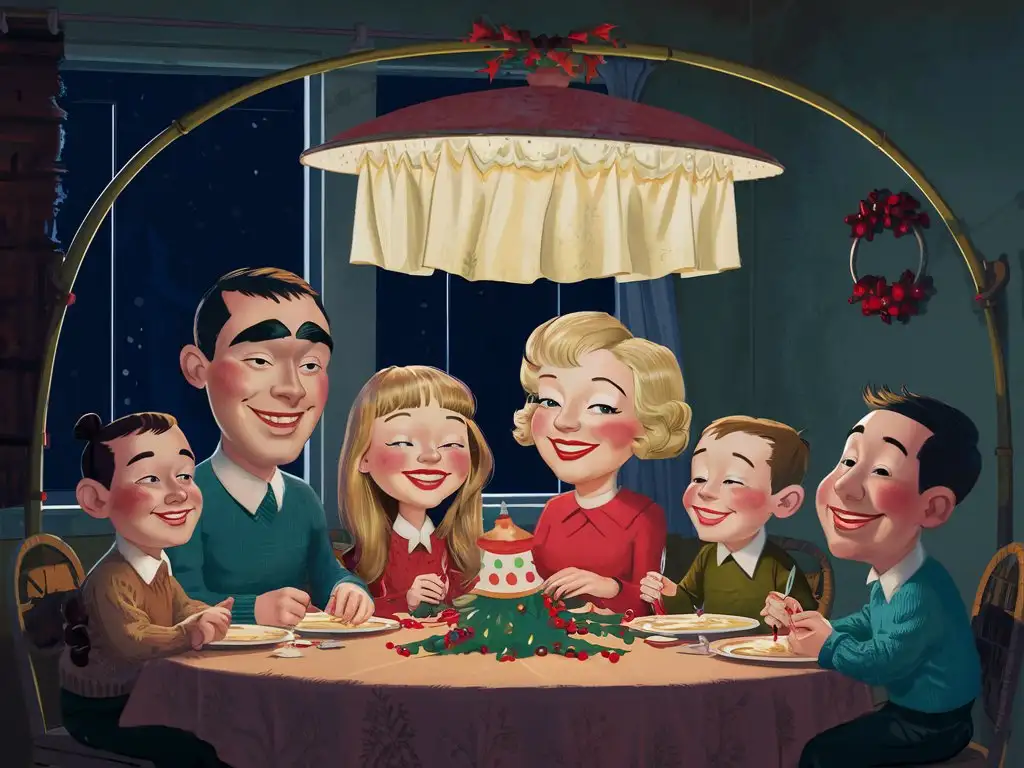 Happy Family Enjoying Festive Dinner in 1960s Atmosphere