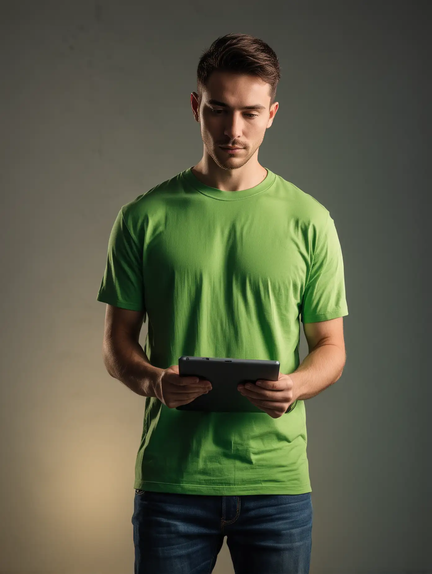 Un hombre real Con facciones latians, sosteniendo una tablet y modelando una camiseta de color verde, en un cuarto de estudio ilumidado