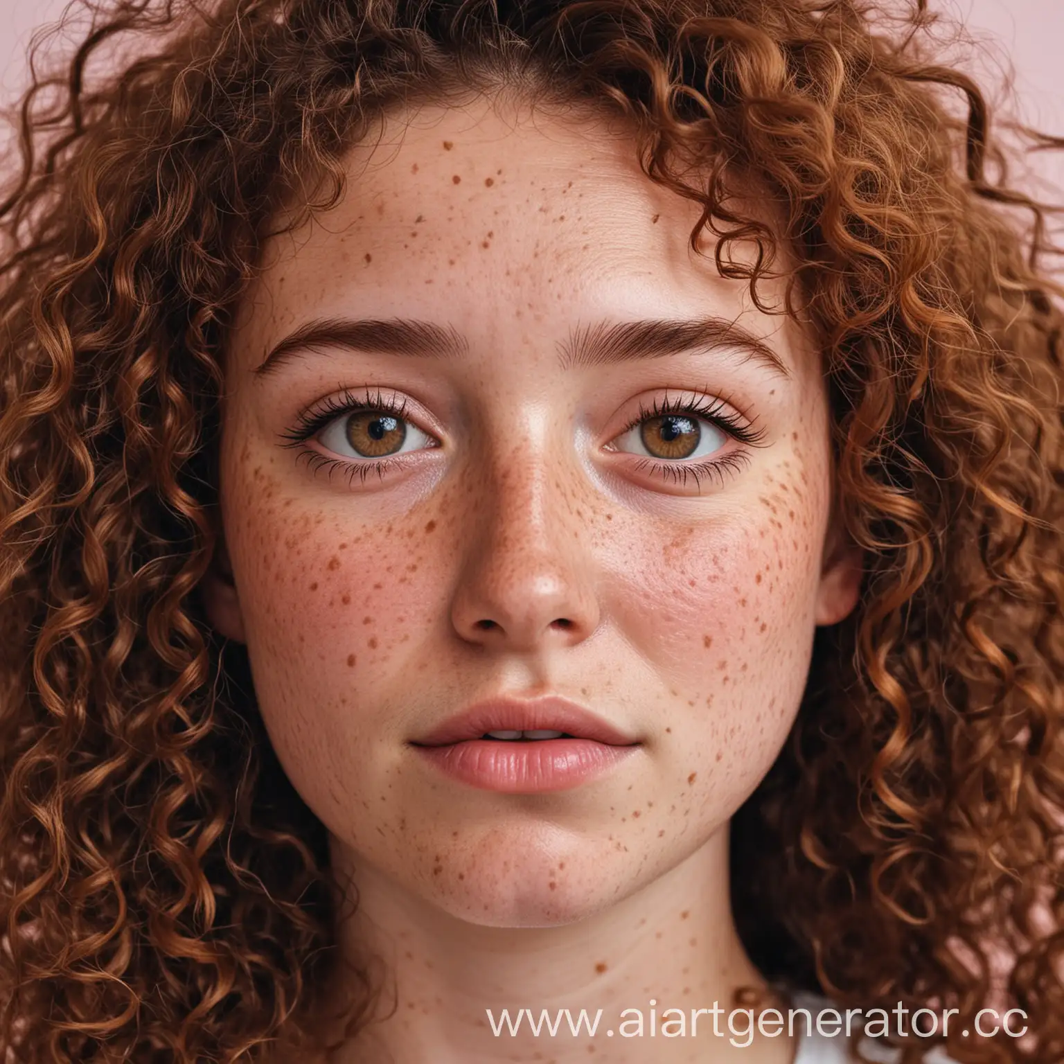 a girl "mousy" with frizzy brown curly hair and freckles from forehead to chin, packed densely enough that there was as much brown freckles as pink skin, she is not attractive, but not unattractive