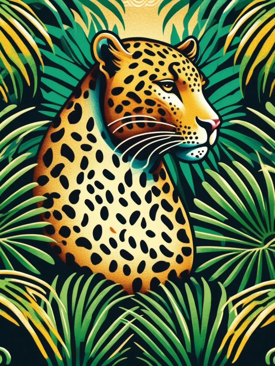 A leopard's bust in a tropical jungle that looks like a flash tattoo art, rendered in the style of famous painter Renoir